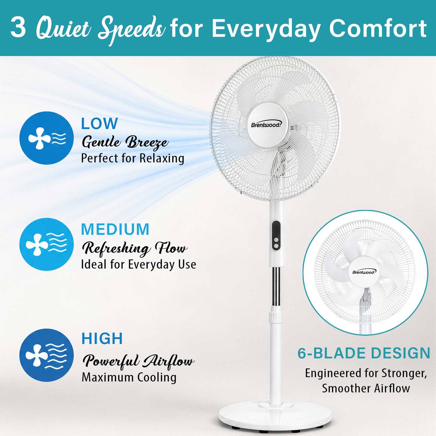 3 Quiet Speeds for Everyday Comfort

LOW
Gentle Breeze
Perfect for Relaxing

MEDIUM
Refreshing Flow
Ideal for Everyday Use

HIGH
Powerful Airflow
Maximum Cooling

6-BLADE DESIGN
Engineered for Stronger, Smoother Airflow