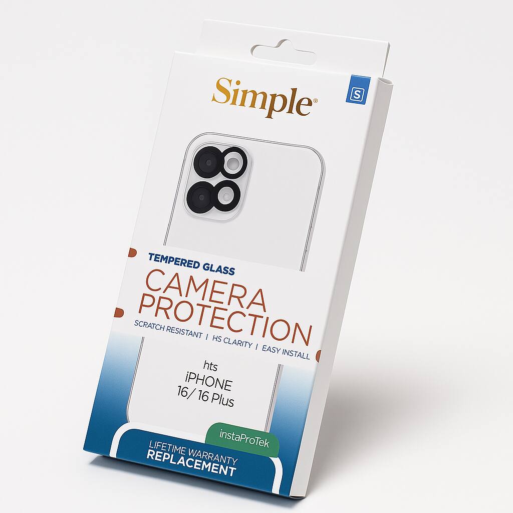 Simple  
TEMPERED GLASS CAMERA PROTECTION  
SCRATCH RESISTANT | HS CLARITY | EASY INSTALL  
hts iPhone 16 / 16 Plus  
LIFETIME WARRANTY REPLACEMENT  
instaProTek