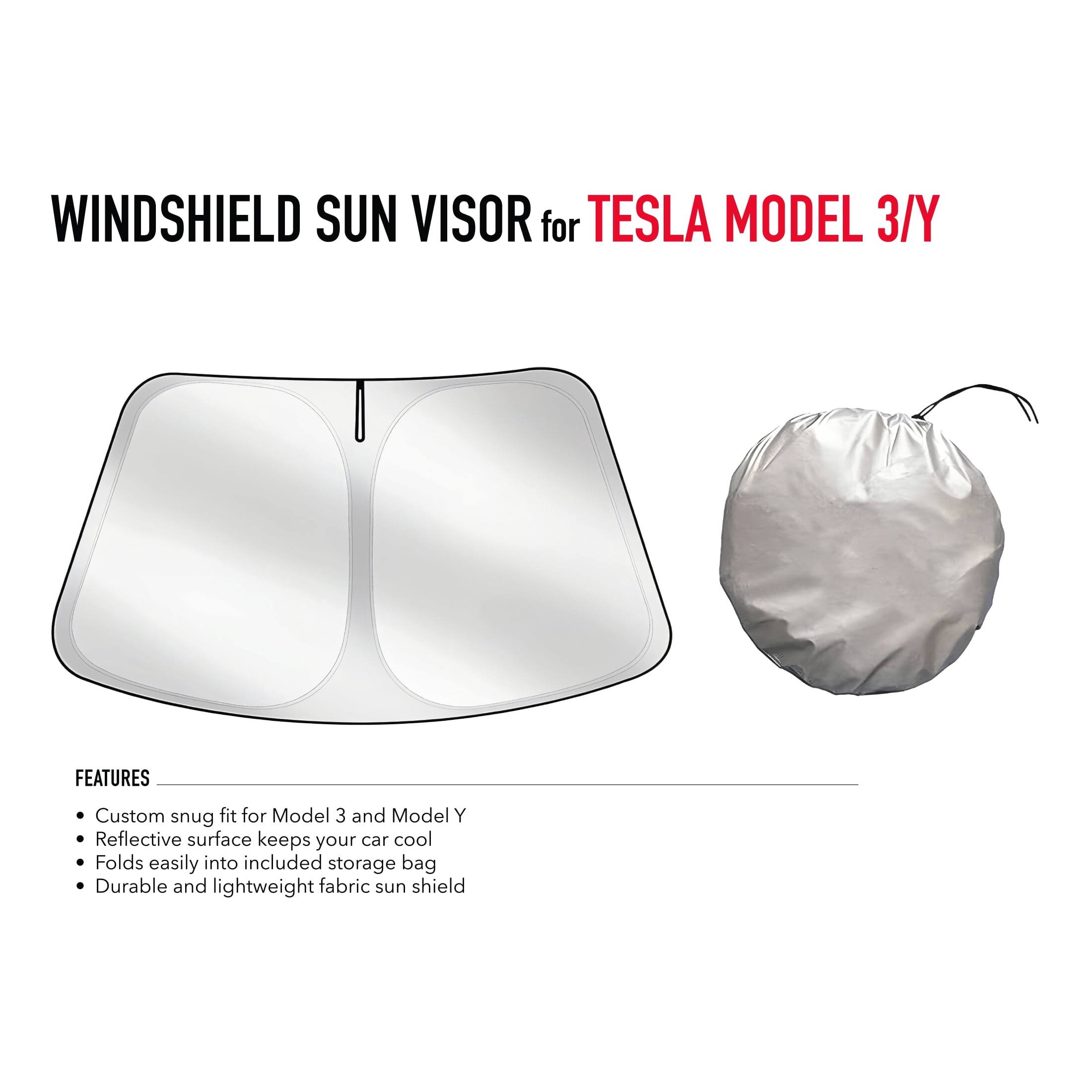WINDSHIELD SUN VISOR for TESLA MODEL 3/Y

FEATURES
- Custom snug fit for Model 3 and Model Y
- Reflective surface keeps your car cool
- Folds easily into included storage bag
- Durable and lightweight fabric sun shield