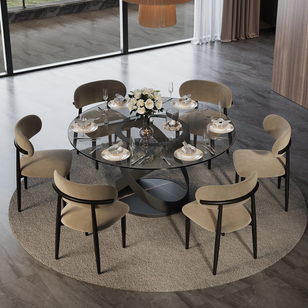 POVISON - 59" Modern Round Glass Dining Table for 6, Smoked Gray Tempered Glass Tabletop with Black X Carbon Steel Base - Smoked Gray Tempered Glass with Black