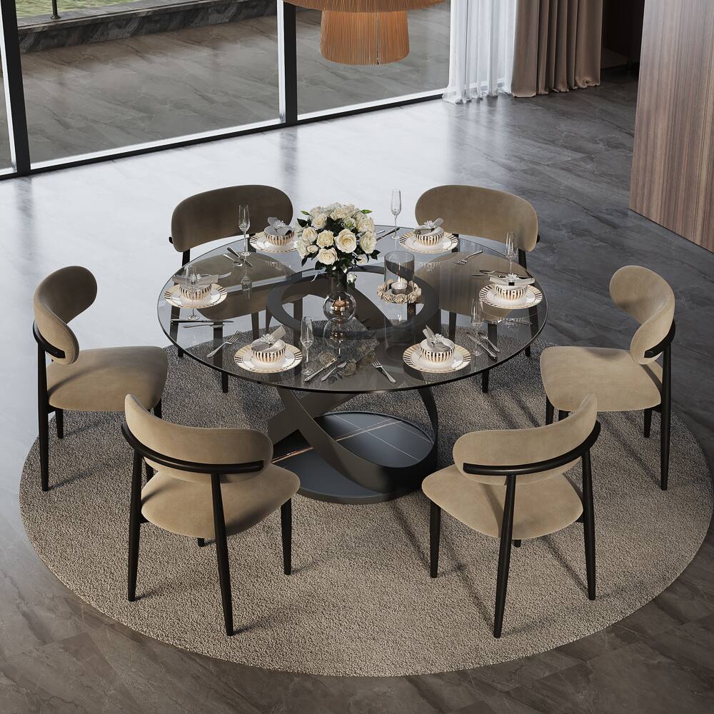 Front. POVISON - 59" Modern Round Glass Dining Table for 6, Smoked Gray Tempered Glass Tabletop with Black X Carbon Steel Base - Smoked Gray Tempered Glass with Black.