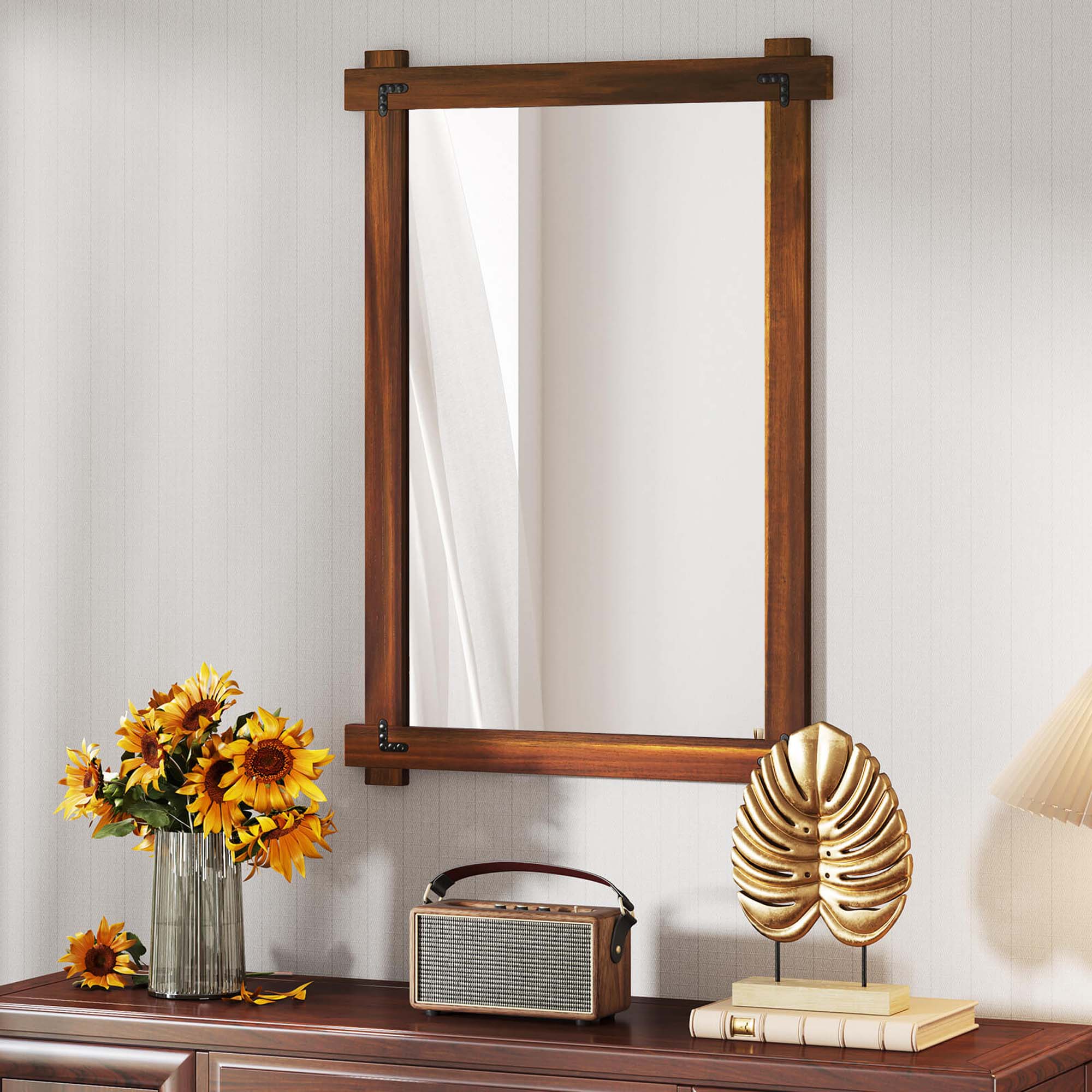 Alt View 4. Costway - Costway 40 x 28.5 Inch Shatterproof Wall Mirror with Acacia Wood Frame & Vintage Rivet Design - Rustic Brown.