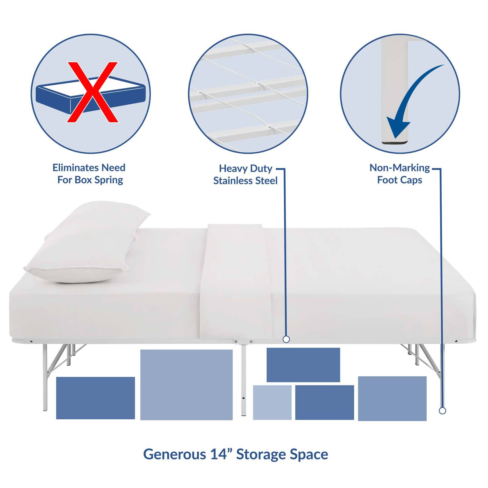 - Eliminates Need For Box Spring
- Heavy Duty Stainless Steel
- Non-Marking Foot Caps
- Generous 14" Storage Space