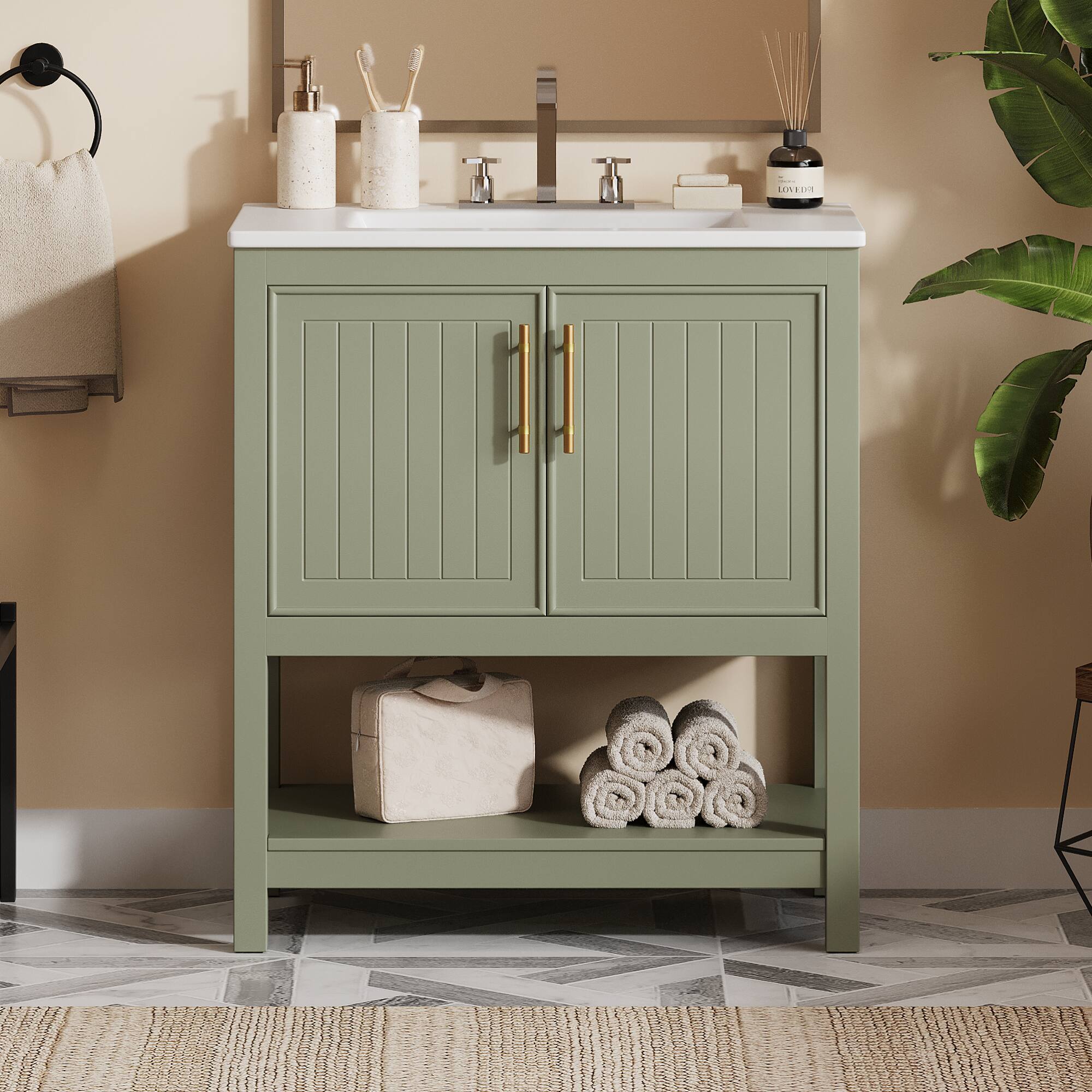 Angle. ELEMENT ACE - Compact White Bathroom Vanity with Integrated Ceramic Sink and Spacious Storage Solution - Green.