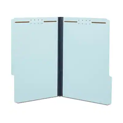 Front. Staples - 60% Recycled Pressboard Classification Folder, 1" Expansion, Legal Size, Blue, 25/Box - Blue.