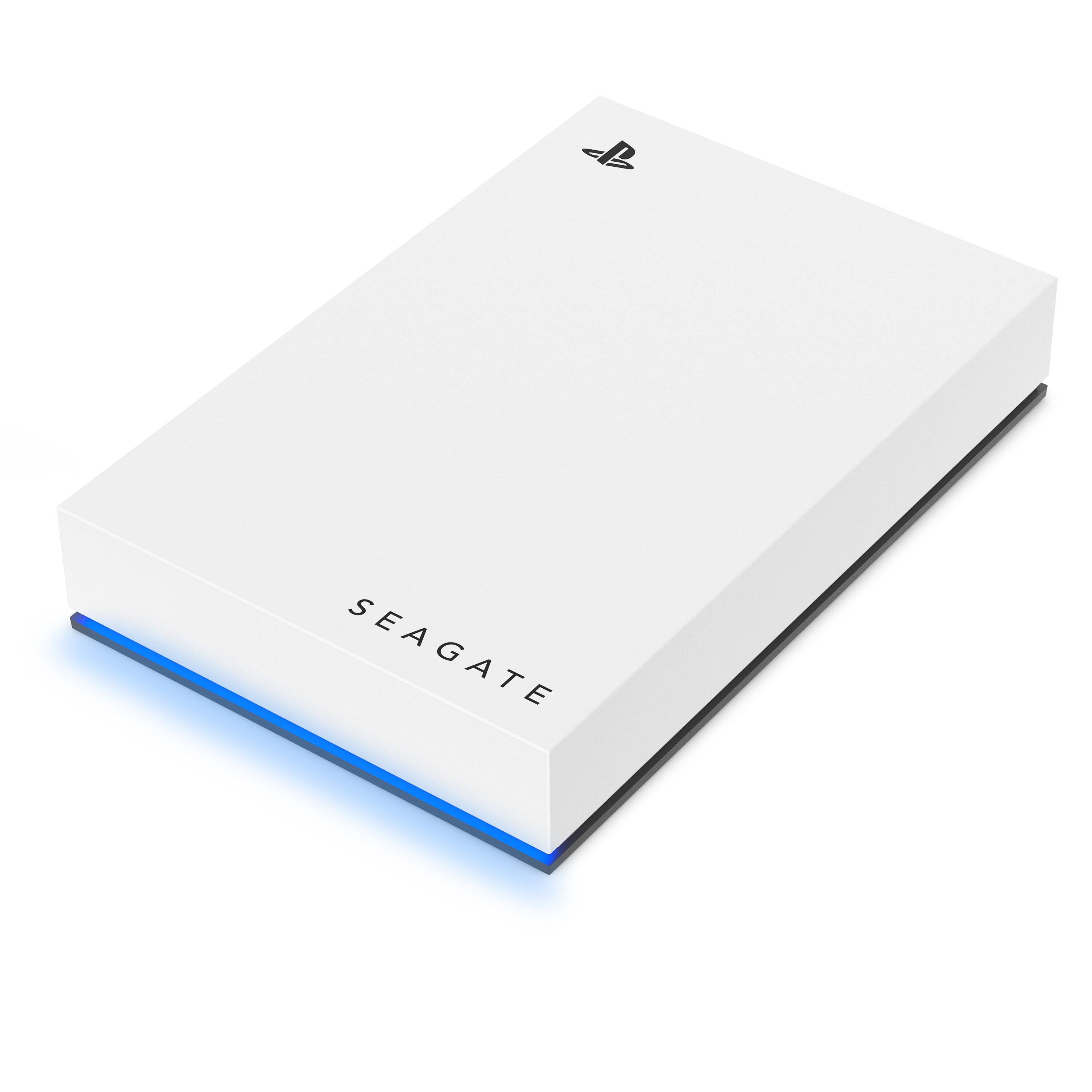 Left. Seagate - Game Drive for PlayStation Consoles 5TB External USB 3.2 Gen 1 Portable Hard Drive with Blue LED Lighting - White.