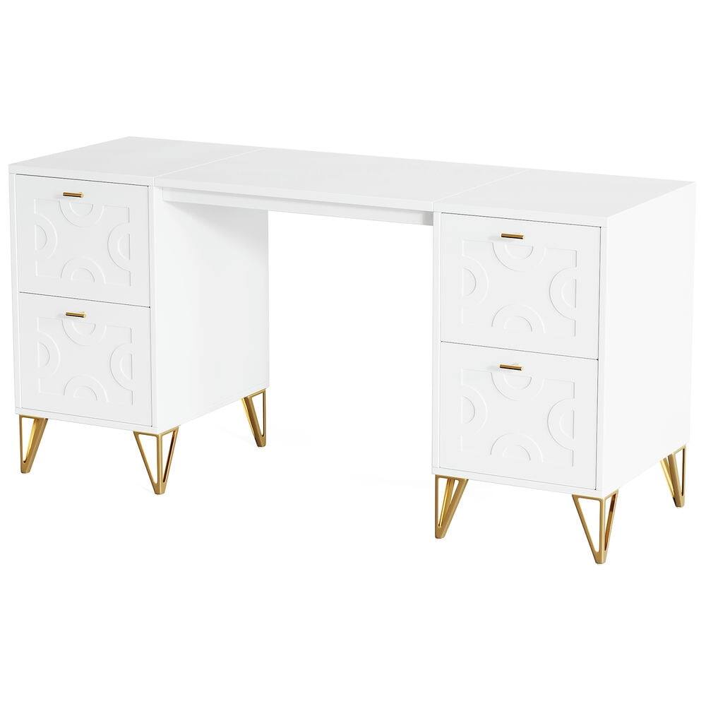 Angle. Resenkos - Kadyn Study Writing Desk 59" White Computer Desk with File Drawers, Wood Executive Desk for Home Office,White - White.