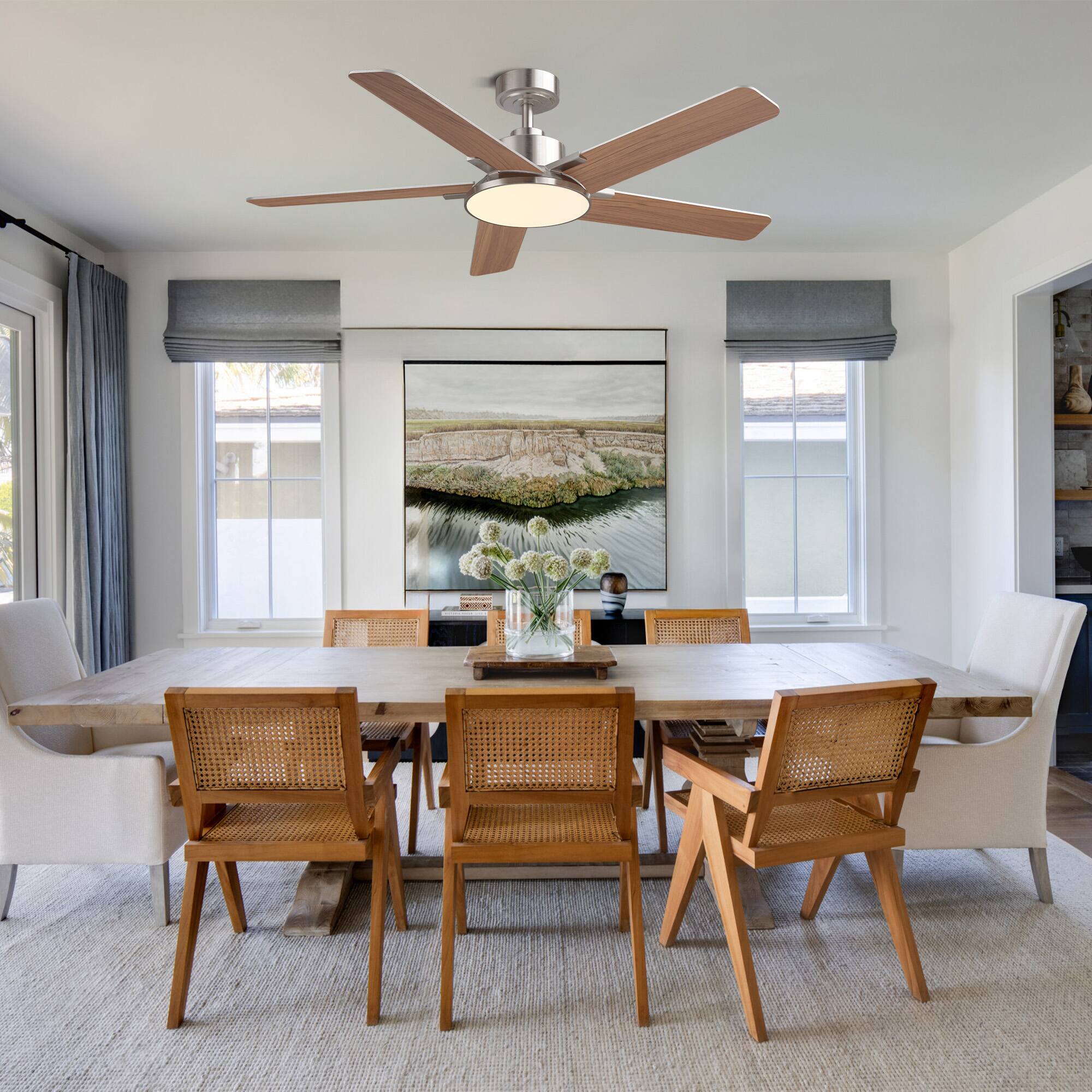 Angle. Siljoy - 52-in Nickel Ceiling Fan with LED Light and Remote Control Include (5 Blades) For Bedroom Living Room and kitchen - Nickel.