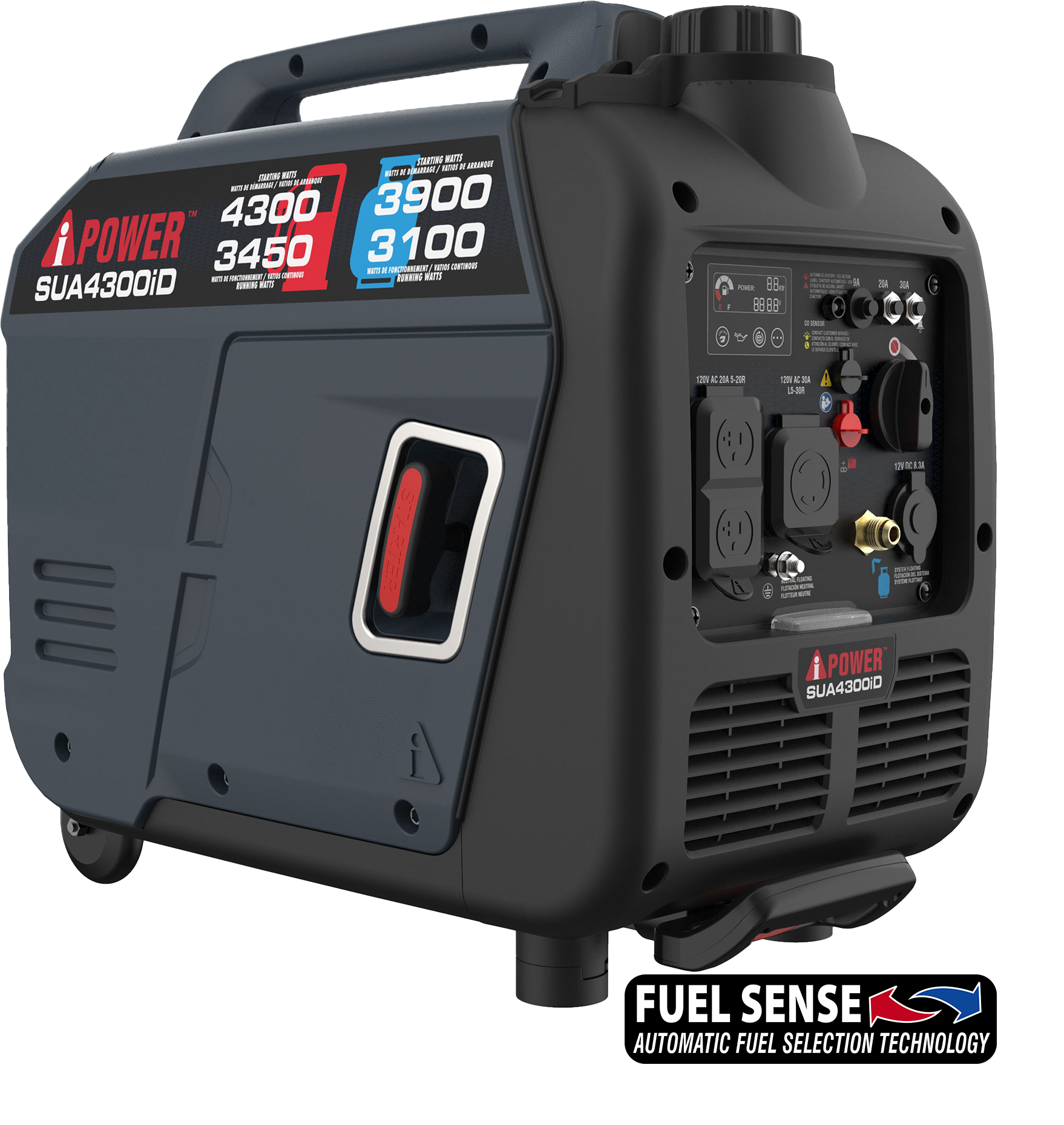 iPower - Sua4300iD

- 4300 Peak Watts
- 3450 Running Watts
- 3900 Peak Watts
- 3100 Running Watts

Fuel Sense Automatic Fuel Selection Technology