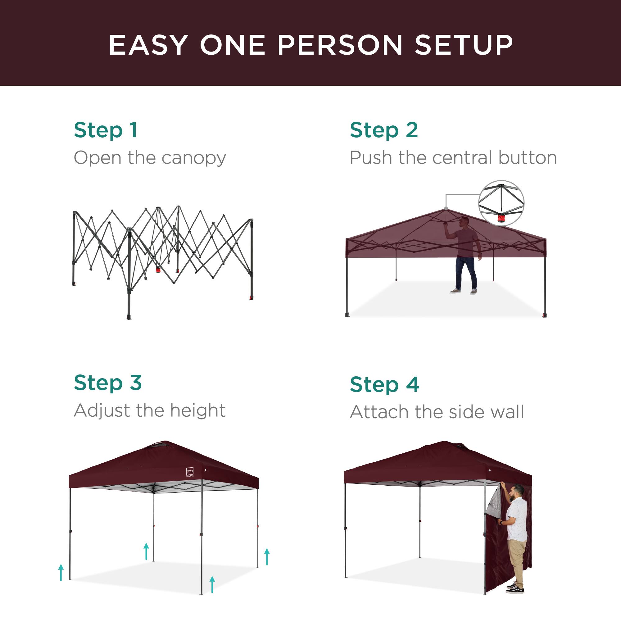 EASY ONE PERSON SETUP

Step 1  
Open the canopy

Step 2  
Push the central button

Step 3  
Adjust the height

Step 4  
Attach the side wall