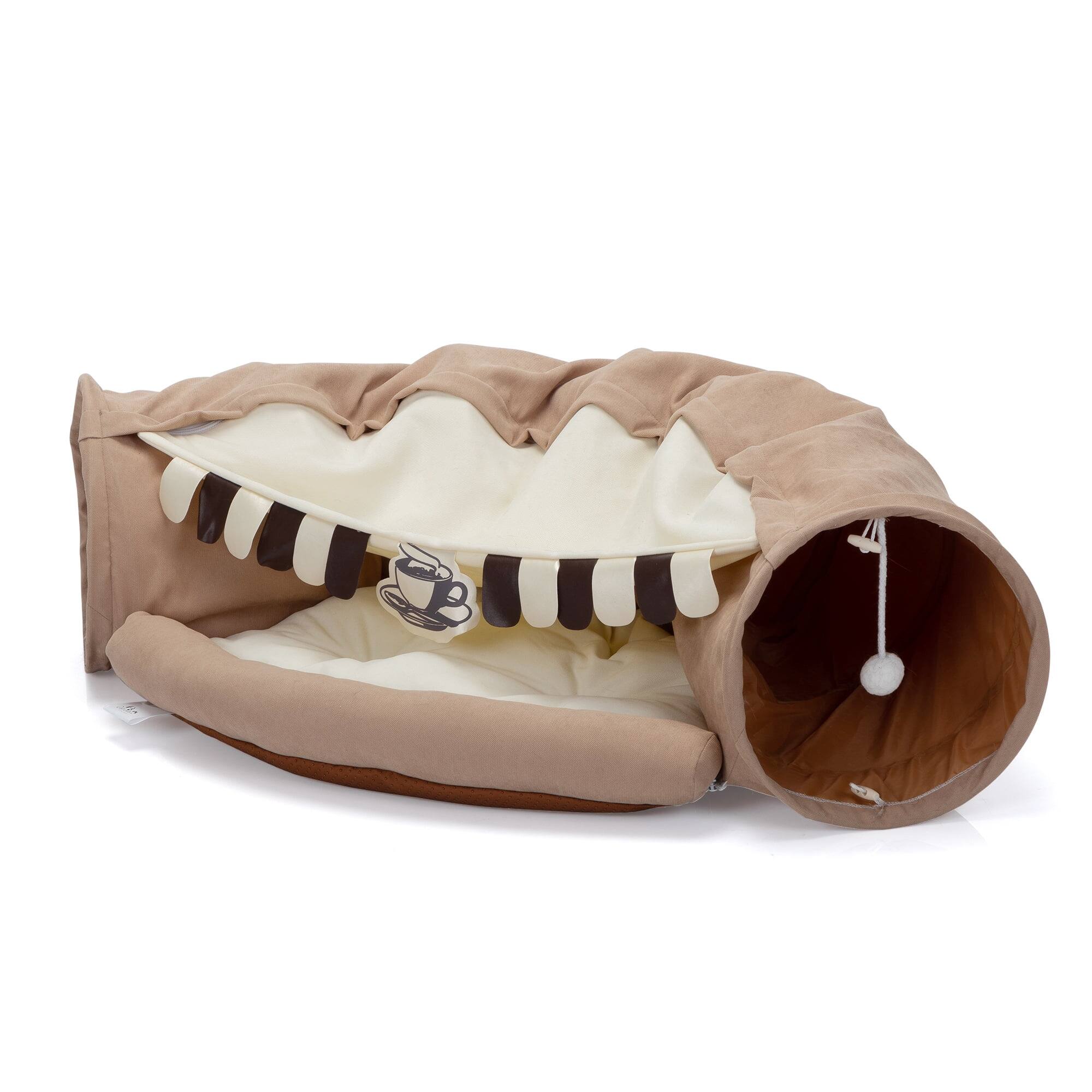 Angle. Pefilos - 49" Cat Tunnel Bed for Indoor, Cat Tube with Collapsible Washable Cat Bed, Cat Toys for Kitty City - Brown.