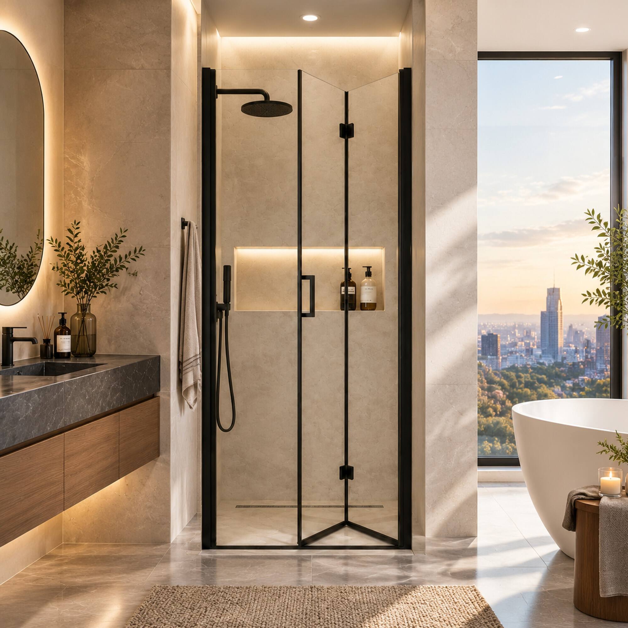 Alt View 4. RYHNUYNE - 32-33.2 In W X 72 In H Semi-Frameless Folding Pivot Shower Door, 1/4 In Clear Tempered Glass Matte Black Finish - Matte Black.