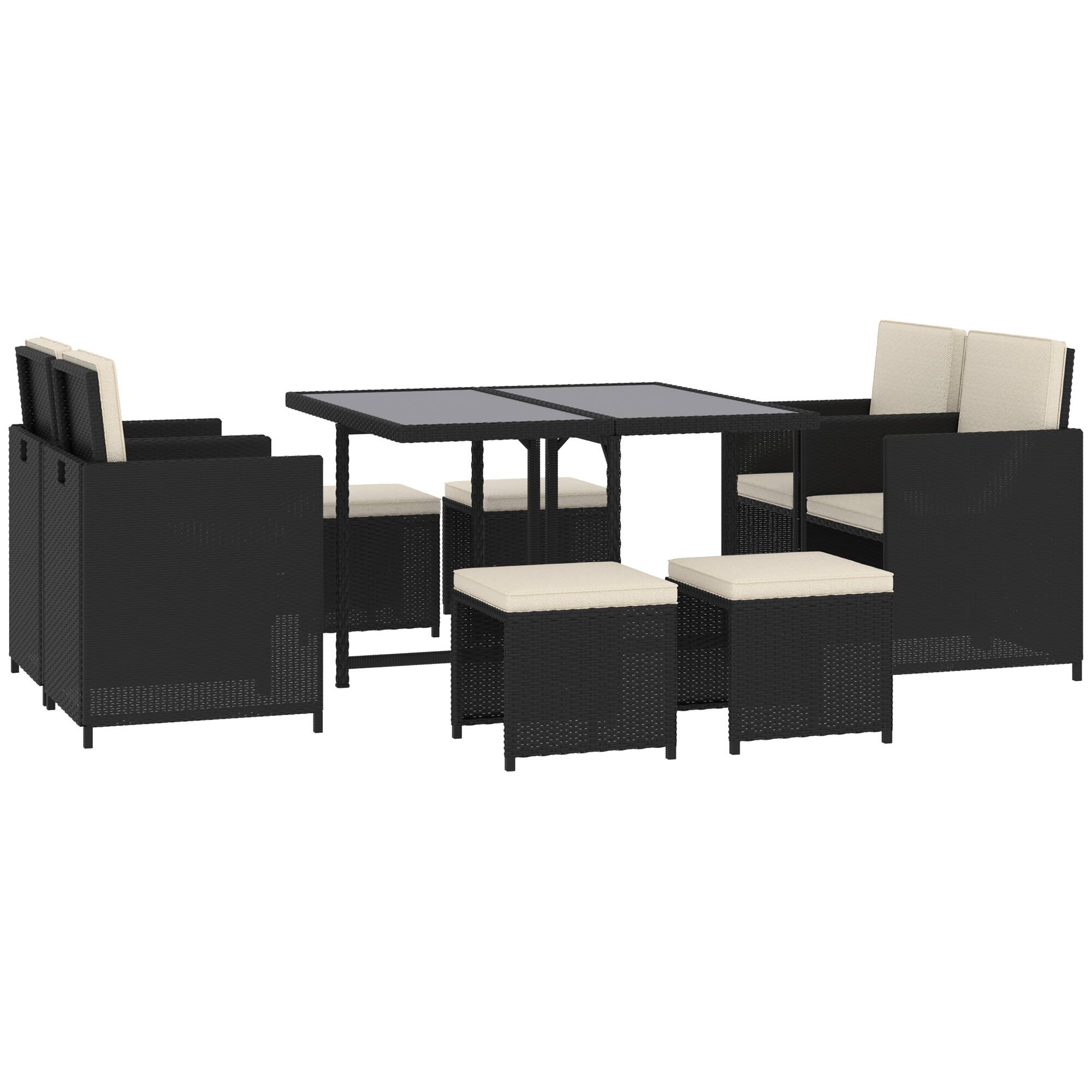 Front. Outsunny - 9 Pieces Outdoor Dining Set for 8, Space Saving Wicker Chairs and Square Glass Table with Cushions and Ottomans - Black/Cream White.