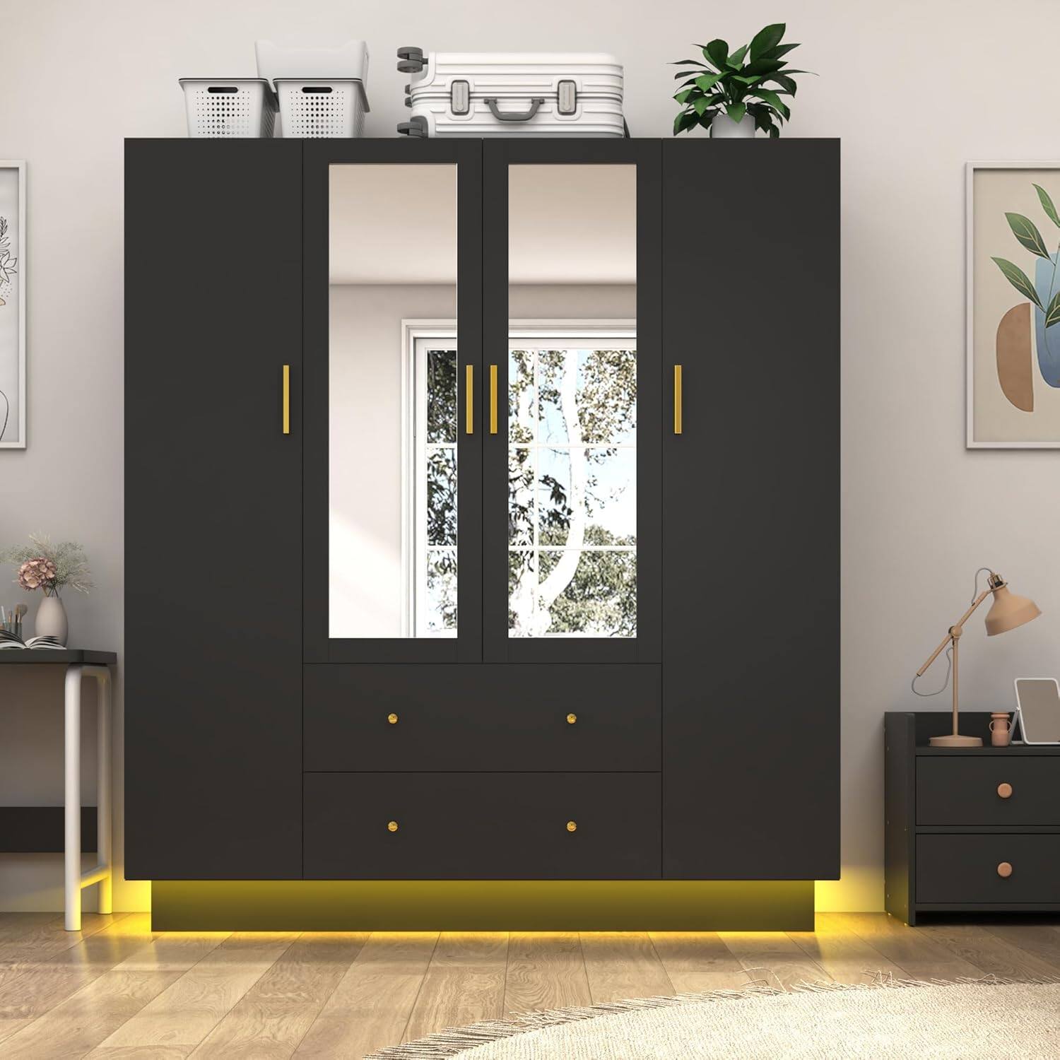 Angle. Espafurni - 4 - Door Modern Wooden Bedroom Wardrobe - Mirrors, LED Lights, Drawers, Shelves & Hanging Rod - Black.