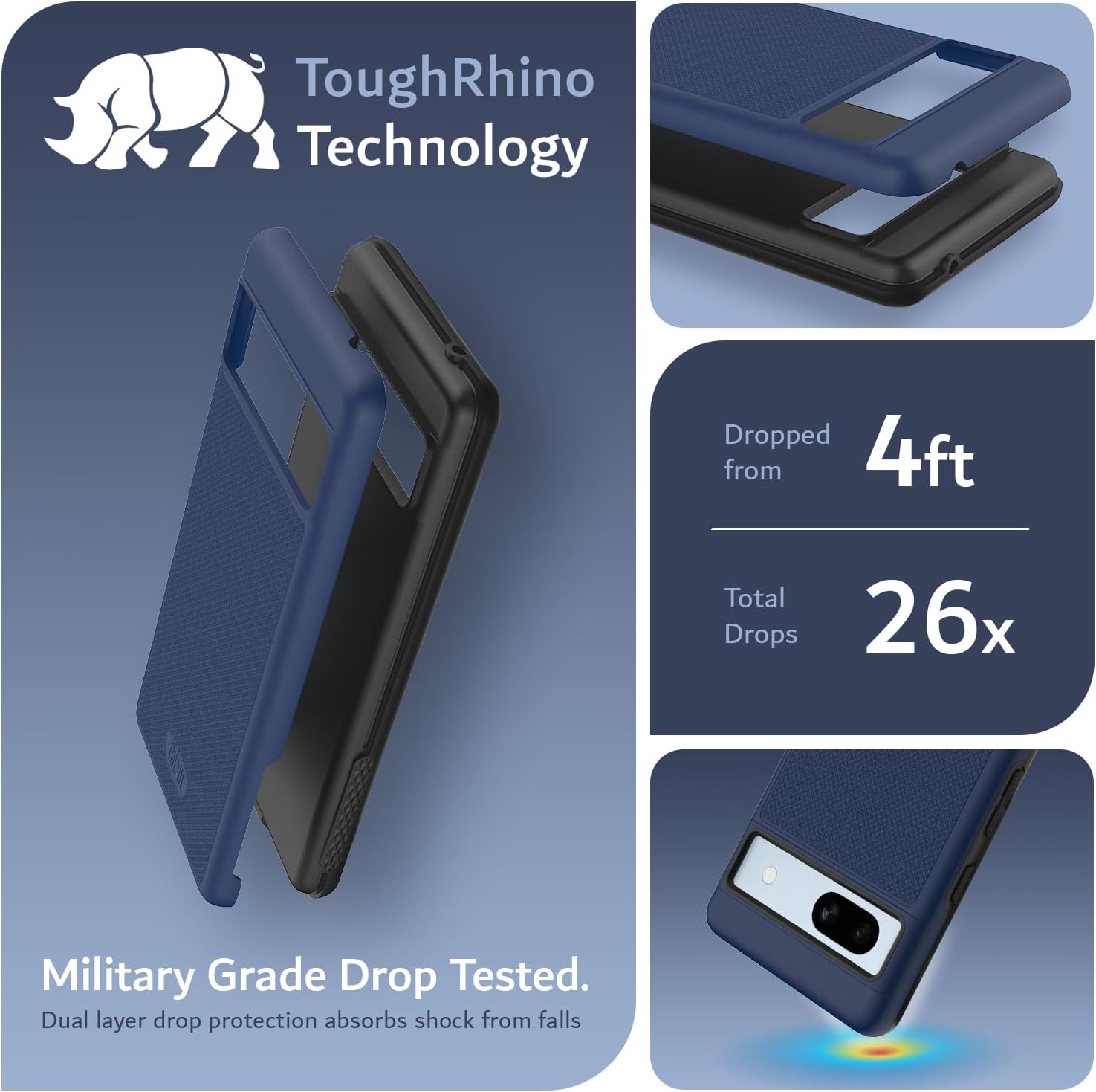 ToughRhino Technology

Military Grade Drop Tested.
Dual layer drop protection absorbs shock from falls.

Dropped from 4ft
Total Drops 26x