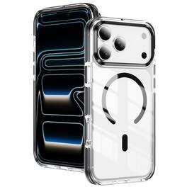 Dteck - Magnetic Case for Apple iPhone 17 Pro Max, Clear Shockproof Hybrid Protective Cover, Metal Camera Ring and Raised Edges - Black