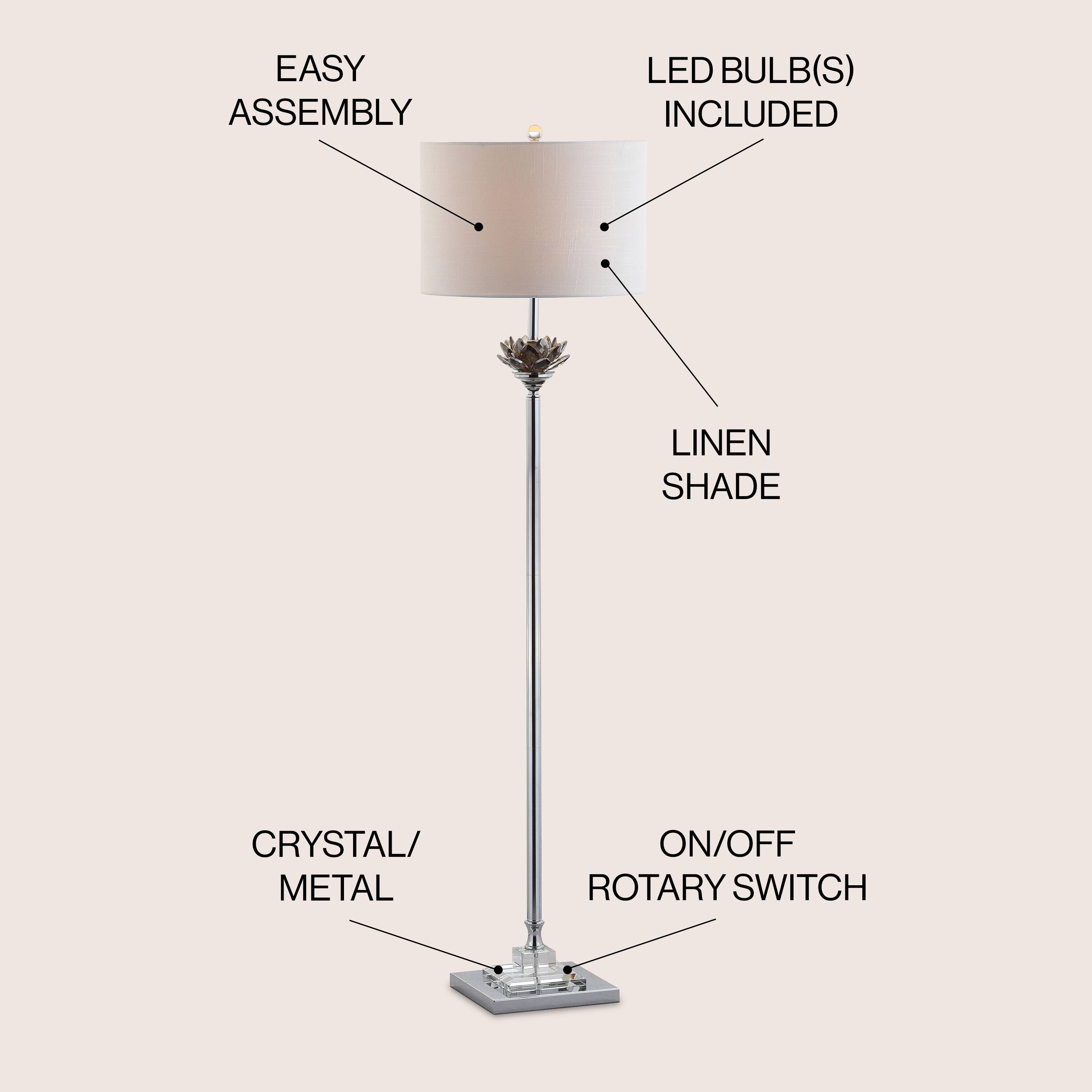 EASY ASSEMBLY  
LED BULB(S) INCLUDED  
LINEN SHADE  
CRYSTAL/METAL  
ON/OFF ROTARY SWITCH