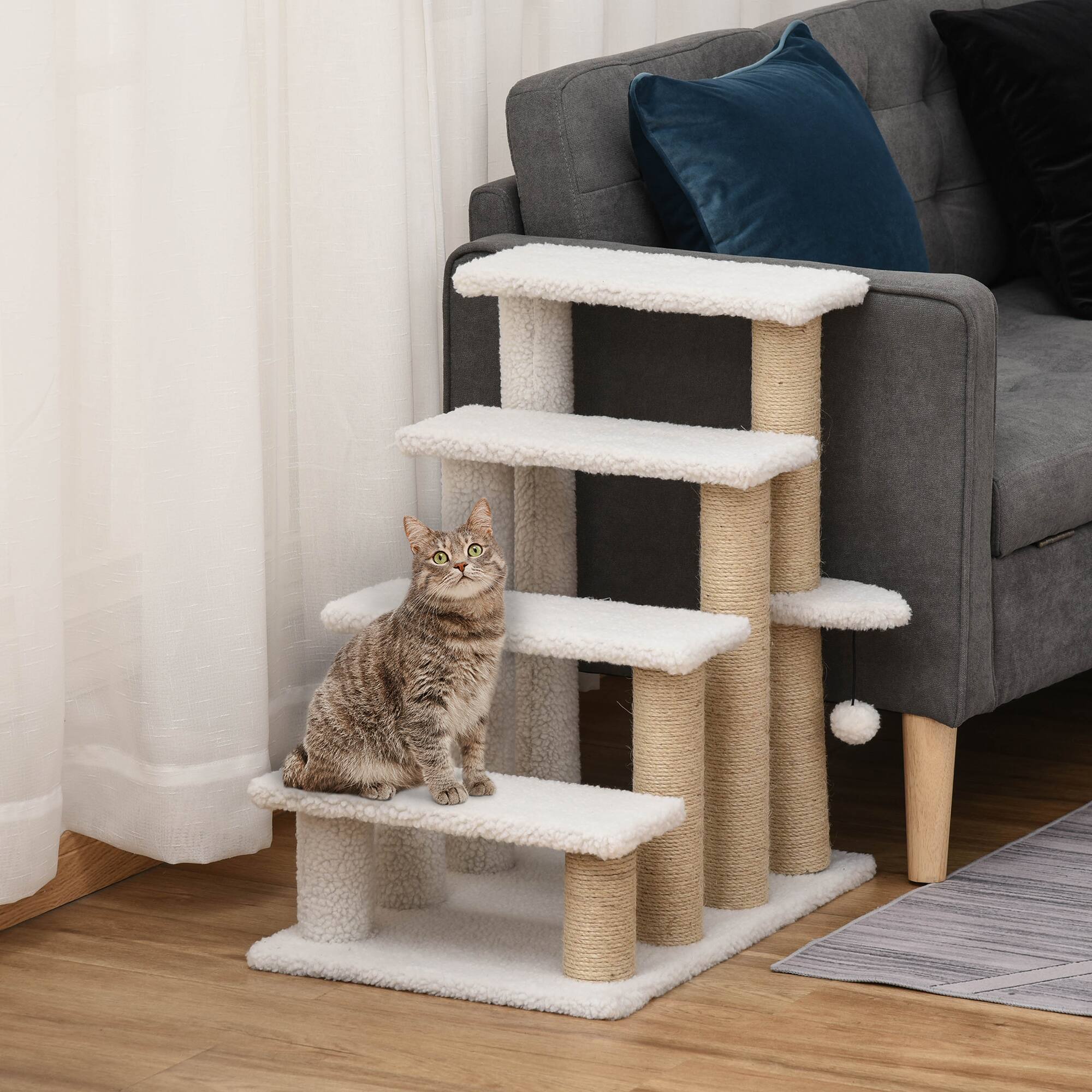Angle. Pawhut - 4 Levels Cat Steps, Pet Stairs Carpeted Ladder, Kitten Tree Climber, Scratching Posts, Hanging Play Ball, Side Step - White.