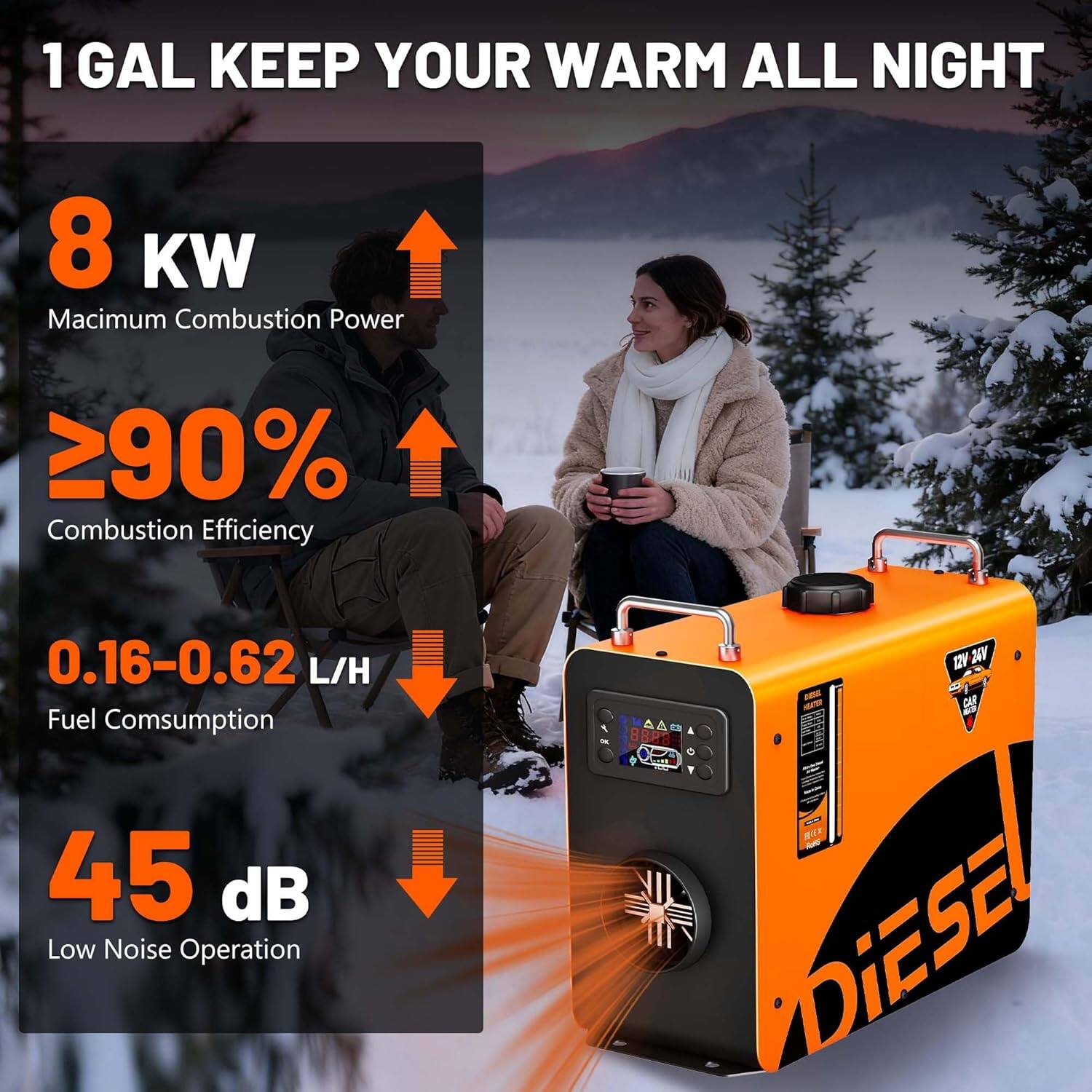 1 GAL KEEP YOUR WARM ALL NIGHT

8 KW
Maximum Combustion Power

≥90%
Combustion Efficiency

0.16-0.62 L/H
Fuel Consumption

45 dB
Low Noise Operation

DV DGV CAF AA A S 8888 N DiESE