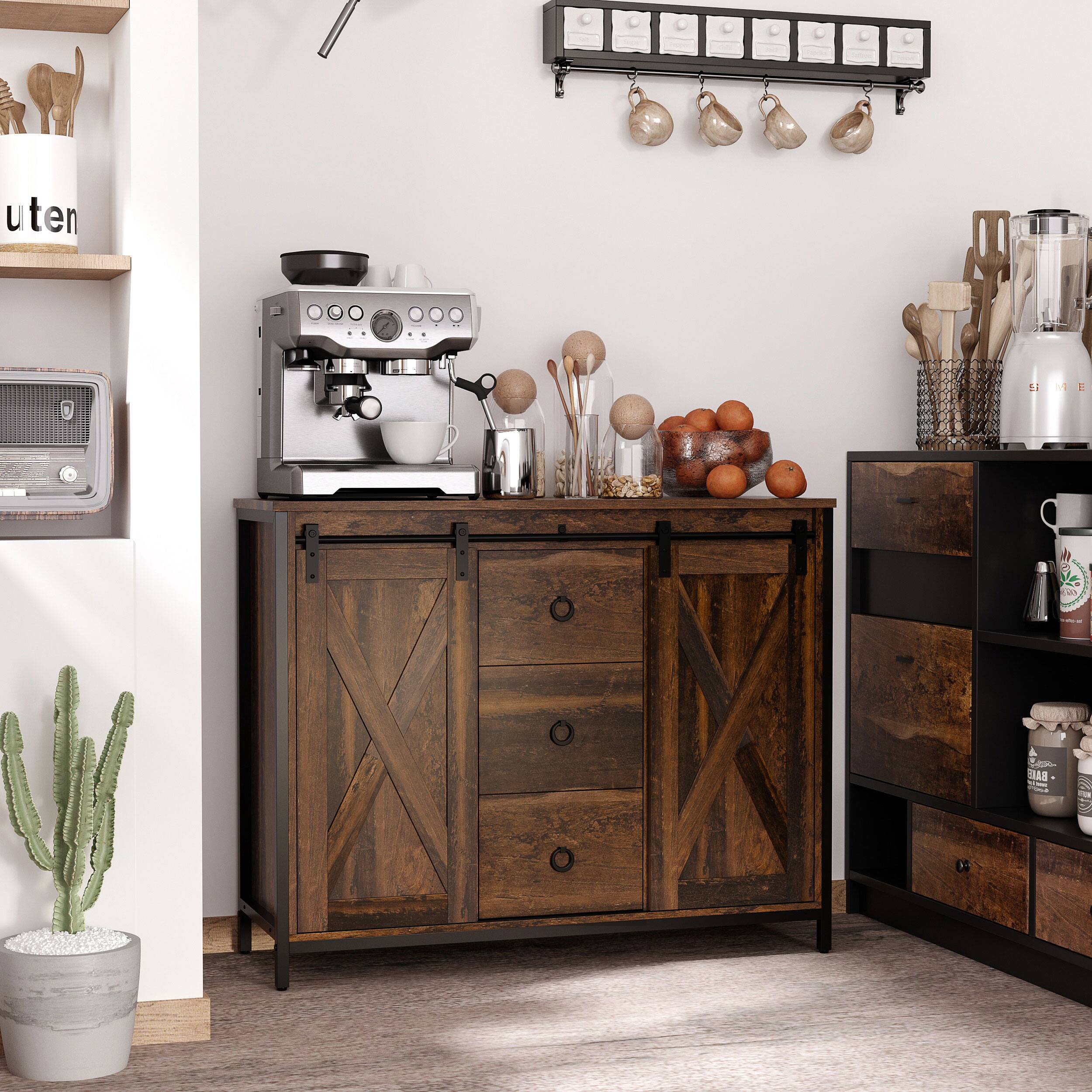 Alt View 1. Homcom - Industrial Farmhouse Sideboard Buffet Cabinet, Coffee Bar Cabinet with Drawers and Adjustable Shelves for Living Room - Rustic Brown.