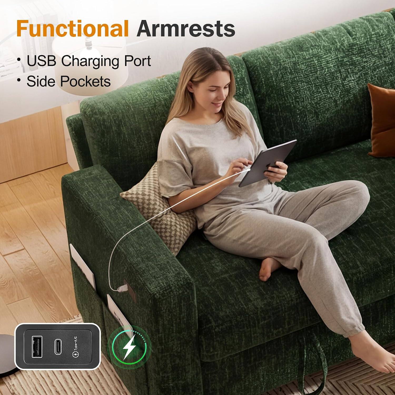 Functional Armrests
- USB Charging Port
- Side Pockets
- Type-A/C