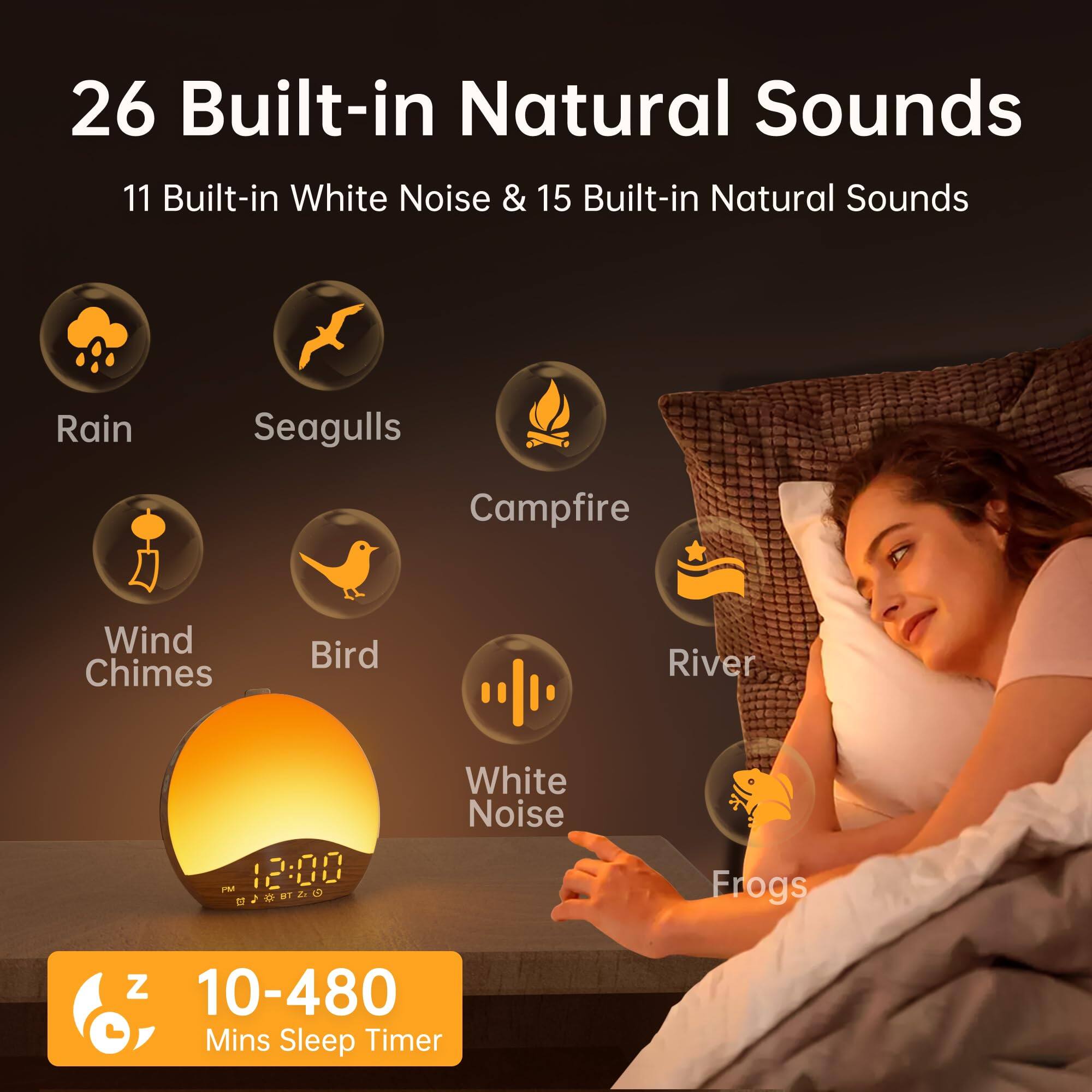 26 Built-in Natural Sounds  
11 Built-in White Noise & 15 Built-in Natural Sounds  

- Rain  
- Seagulls  
- Campfire  
- Wind Chimes  
- Bird  
- River  
- White Noise  
- Frogs  

10-480 Mins Sleep Timer