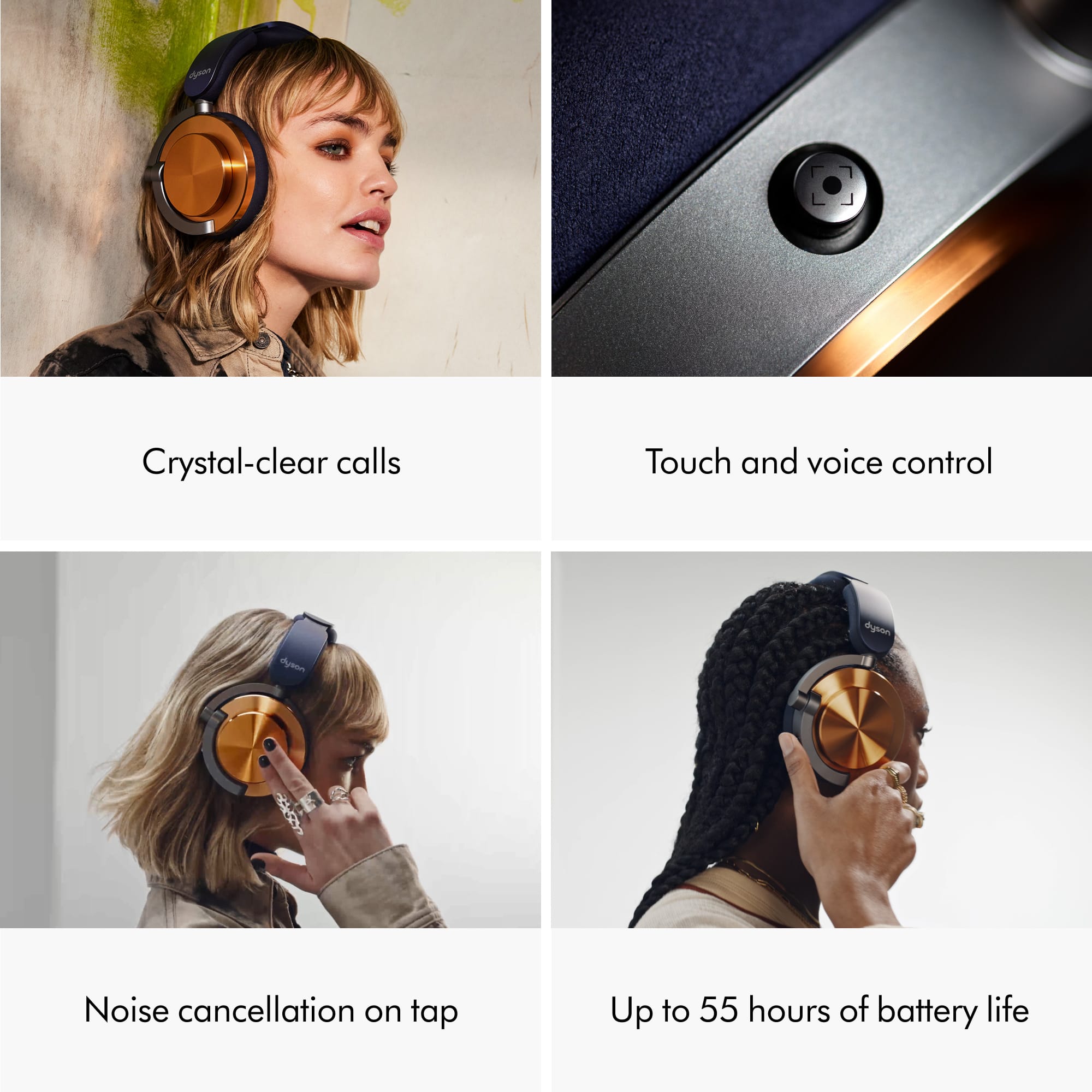 The text on the image is grouped as follows:
1. Crystal-clear calls
2. Touch and voice control
3. Noise cancellation on tap
4. Up to 55 hours of battery life