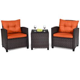 Gymax - Set of 3 Rattan Furniture Set Patio Cushioned Conversation Set Sofa - Orange