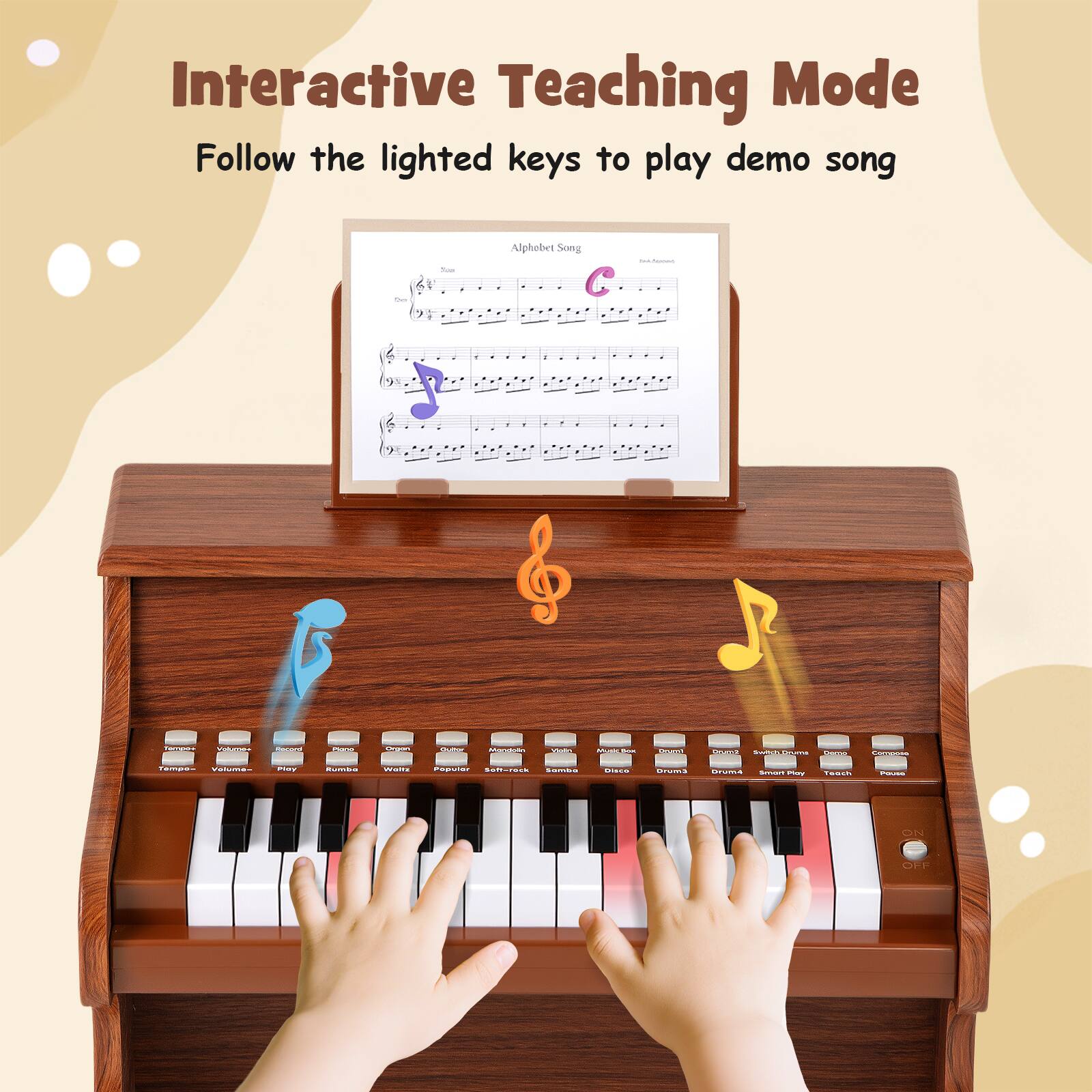 Interactive Teaching Mode  
Follow the lighted keys to play demo song