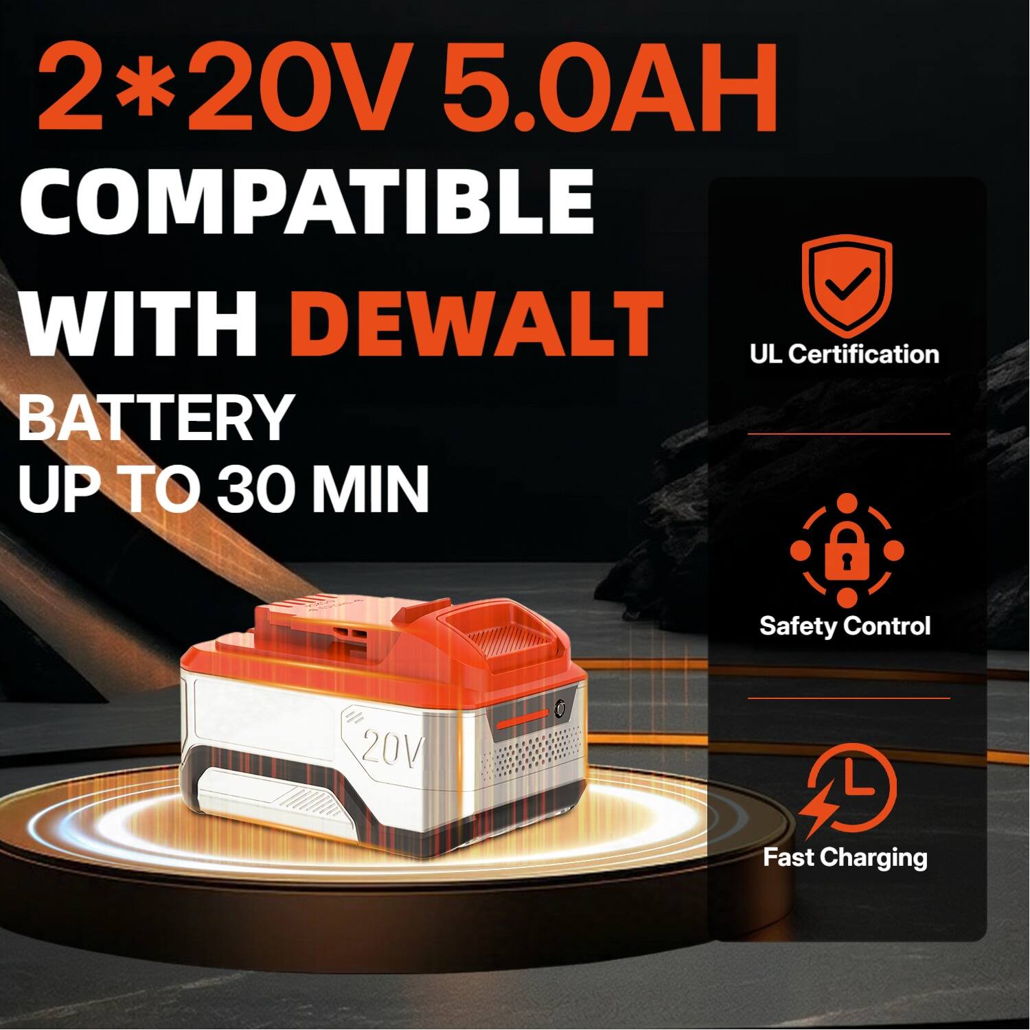 2*20V 5.0AH COMPATIBLE WITH DEWALT  
BATTERY UP TO 30 MIN  
UL Certification  
Safety Control  
Fast Charging