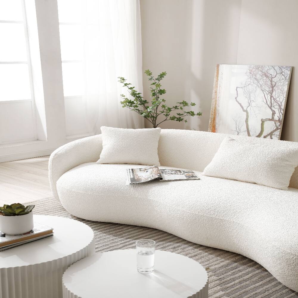 Alt View 3. Loheer - Loheer Mid Century Modern Curved Sofa, 4-Seat Boucle Couch, Off White - Off-White.