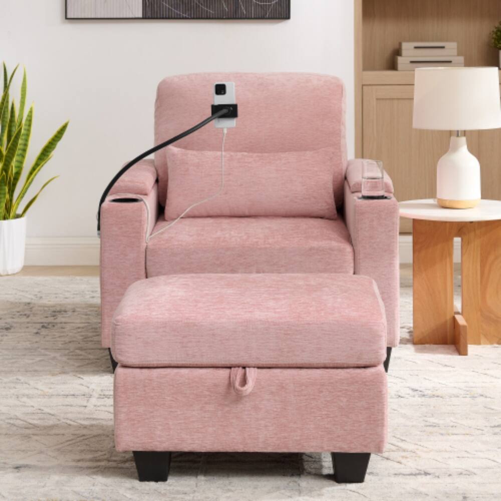 Angle. LUCKY ONE - Single Sofa Recliner w/ Manual Backrest USB Port Cup Holders Hidden Storage Ottoman - Pink.