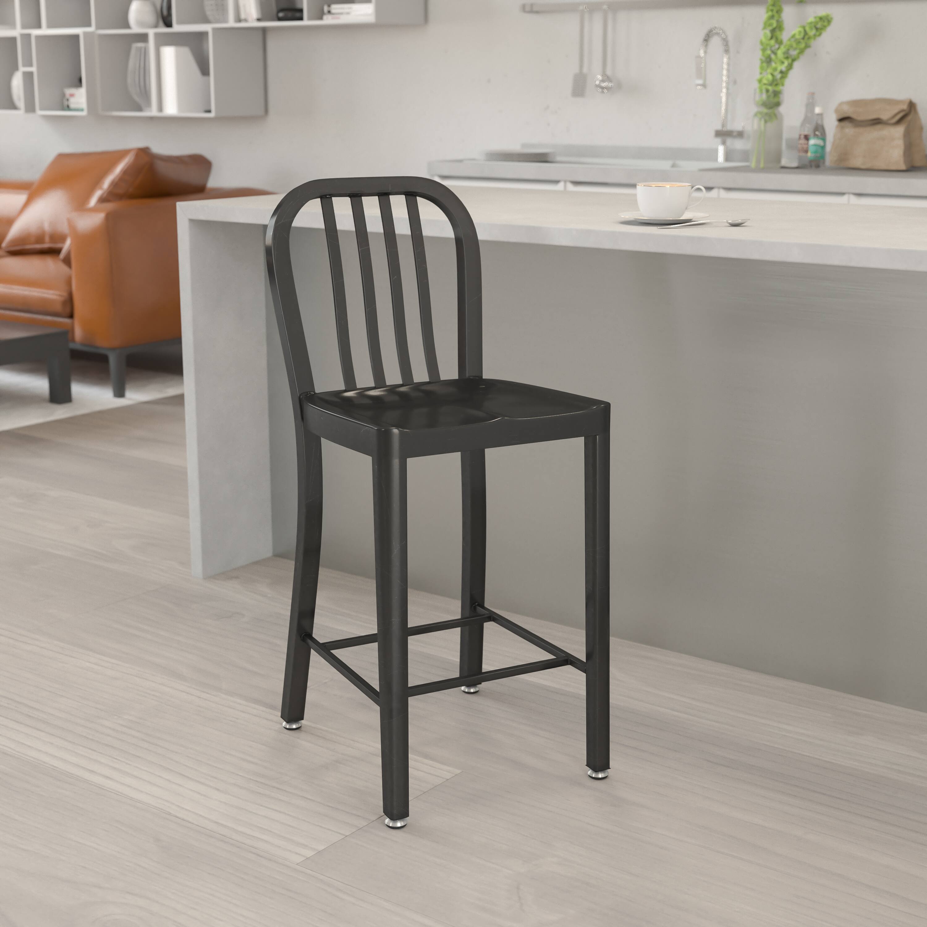 Alt View 1. Emma + Oliver - Commercial Grade 24"H Colorful Metal Indoor-Outdoor Vertical Slat Counter Stool - Black.