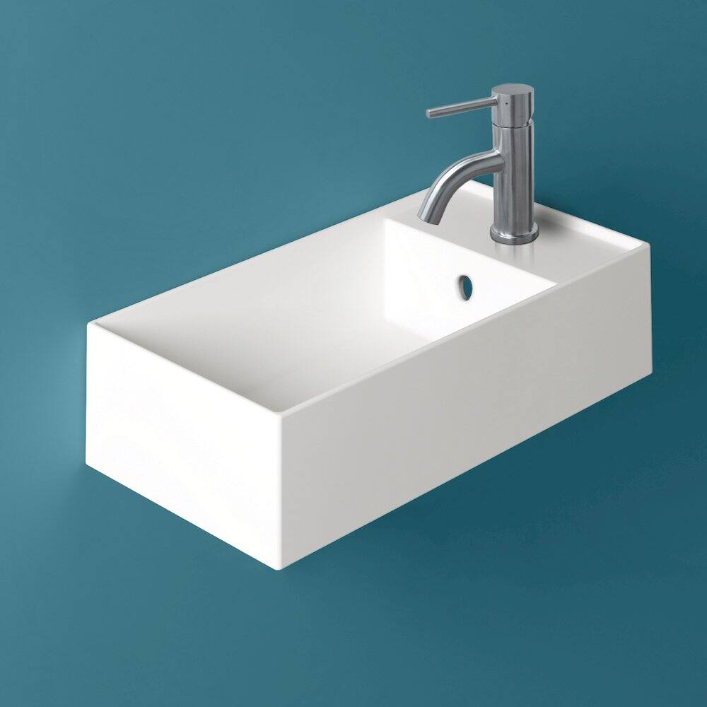 Back. Whitehaus - Britannia Rectangular Wall Mount Basin with Overflow and Right Single Hole Drill - White.
