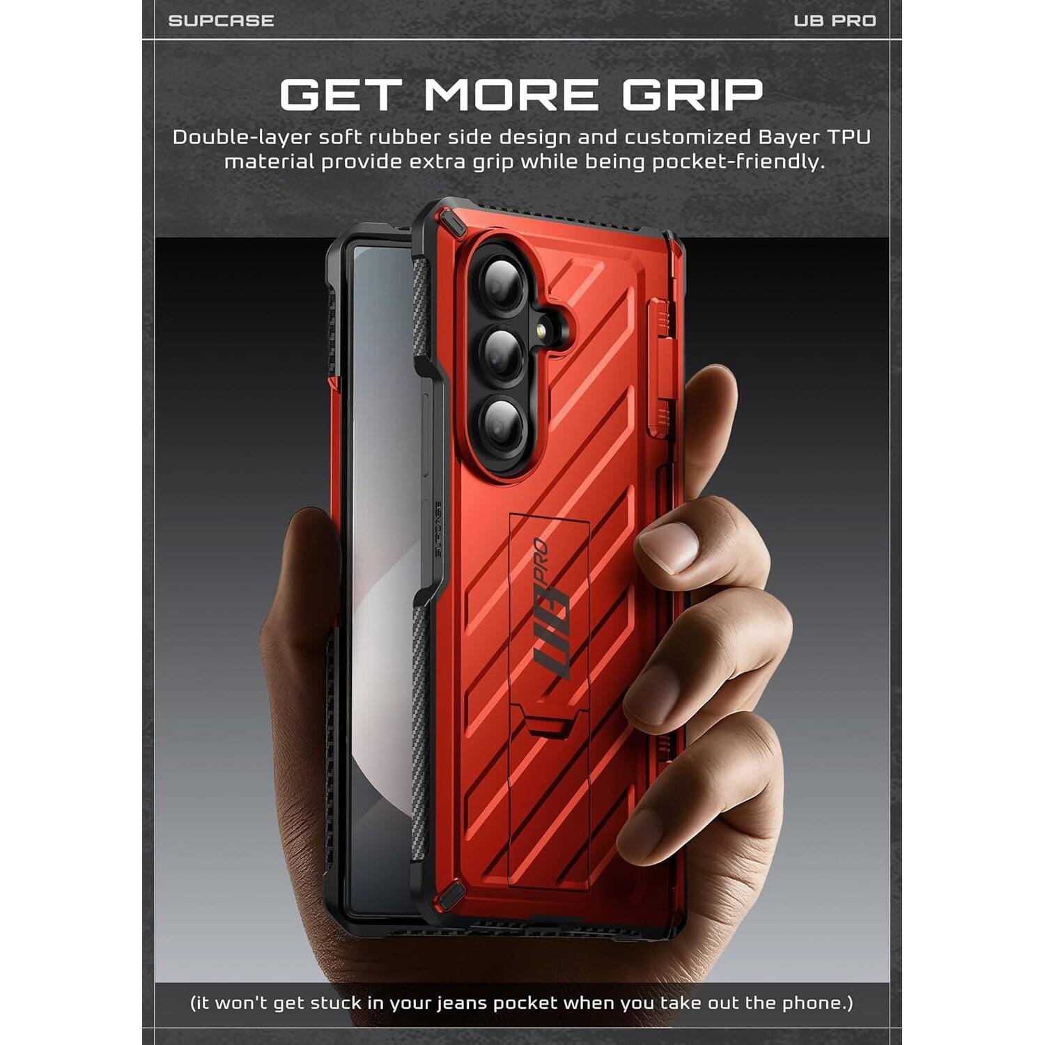 SUPCASE UB PRO GET MORE GRIP Double-layer soft rubber side design and customized Bayer TPU material provide extra grip while being pocket-friendly. (it won't get stuck in your jeans pocket when you take out the phone.)