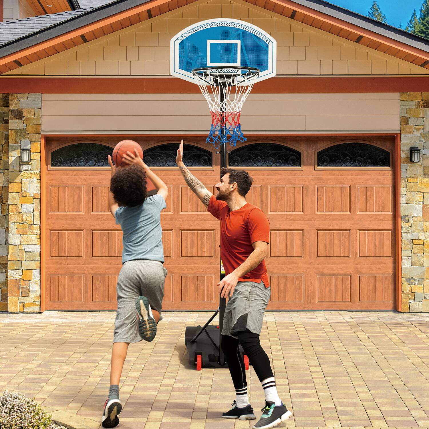 Front. SPOYNAL - Height-Adjustable Basketball Hoop, Portable Backboard Set w/ 2 Wheels, Fillable Base - BLUE.