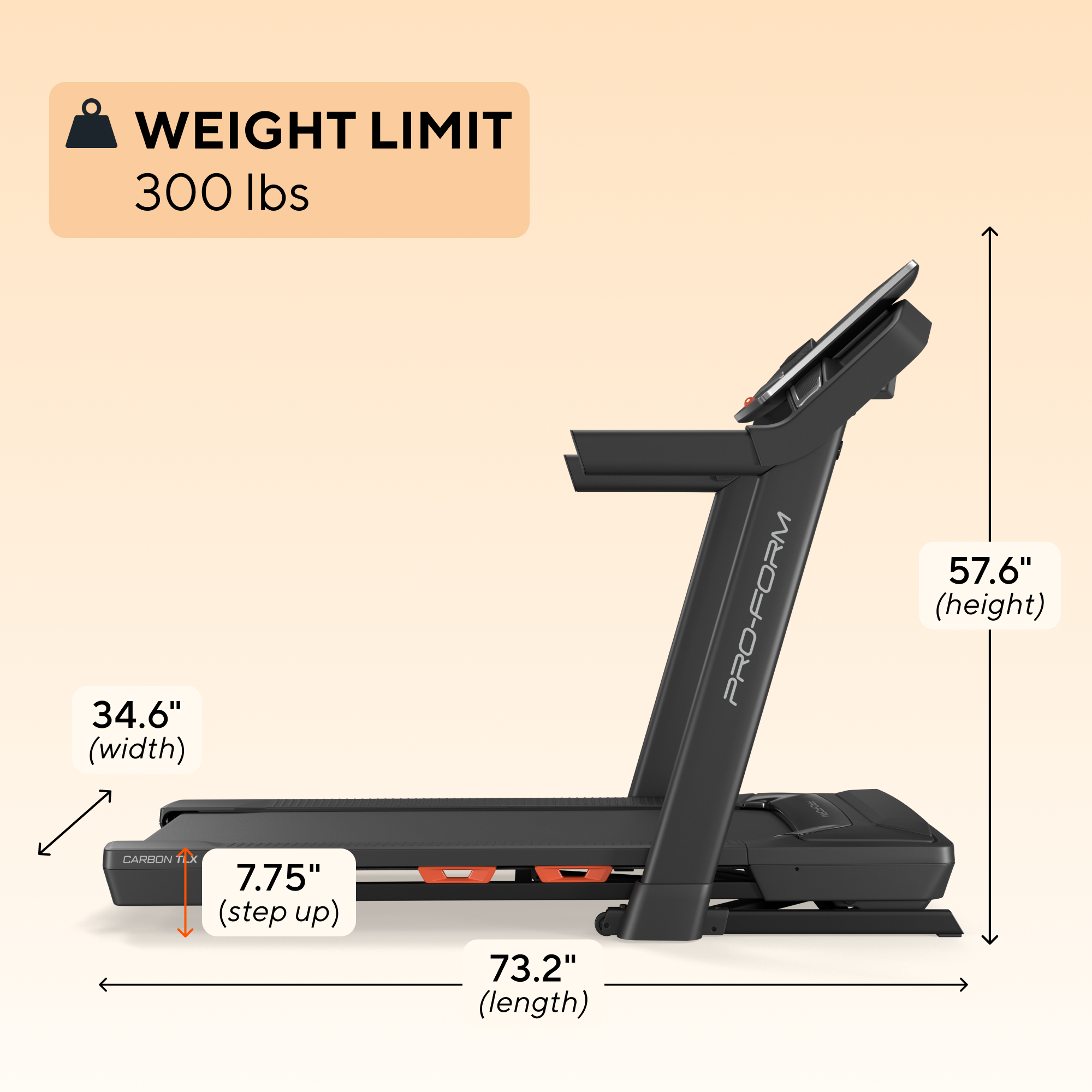 - WEIGHT LIMIT: 300 lbs
- WIDTH: 34.6"
- HEIGHT: 57.6"
- STEP UP: 7.75"
- LENGTH: 73.2"