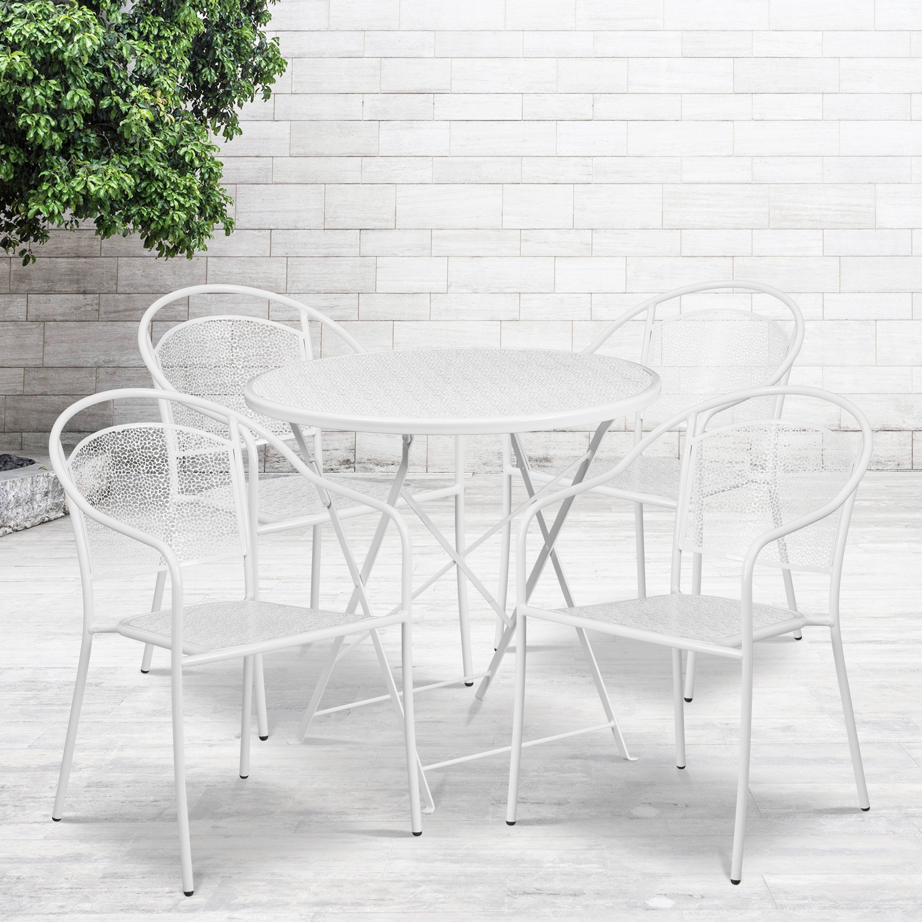 Alt View 1. Emma + Oliver - Commercial Grade 30" Round Metal Folding Patio Table Set w/ 4 Round Back Chairs - White.