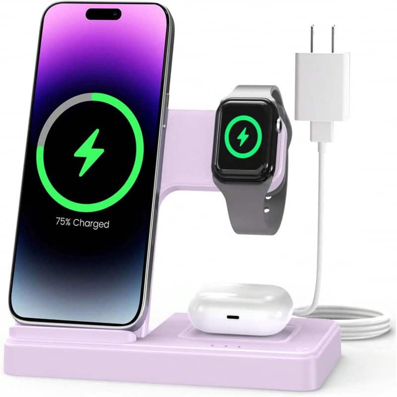 SKRAN - 3-In-1 Wireless Charger Charging Station - 3 In 1 Charger Stand for Apple iPhone, Watch 10 SE Ultra Series, AirPods - Mauve Purple