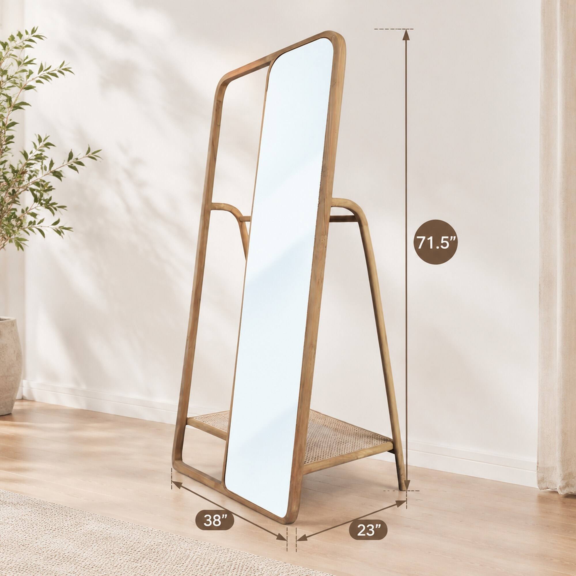 RYHNUYNE Rattan Valet Mirror, 38 x 23 x 71.5 in, Teak Frame, Clothes ...