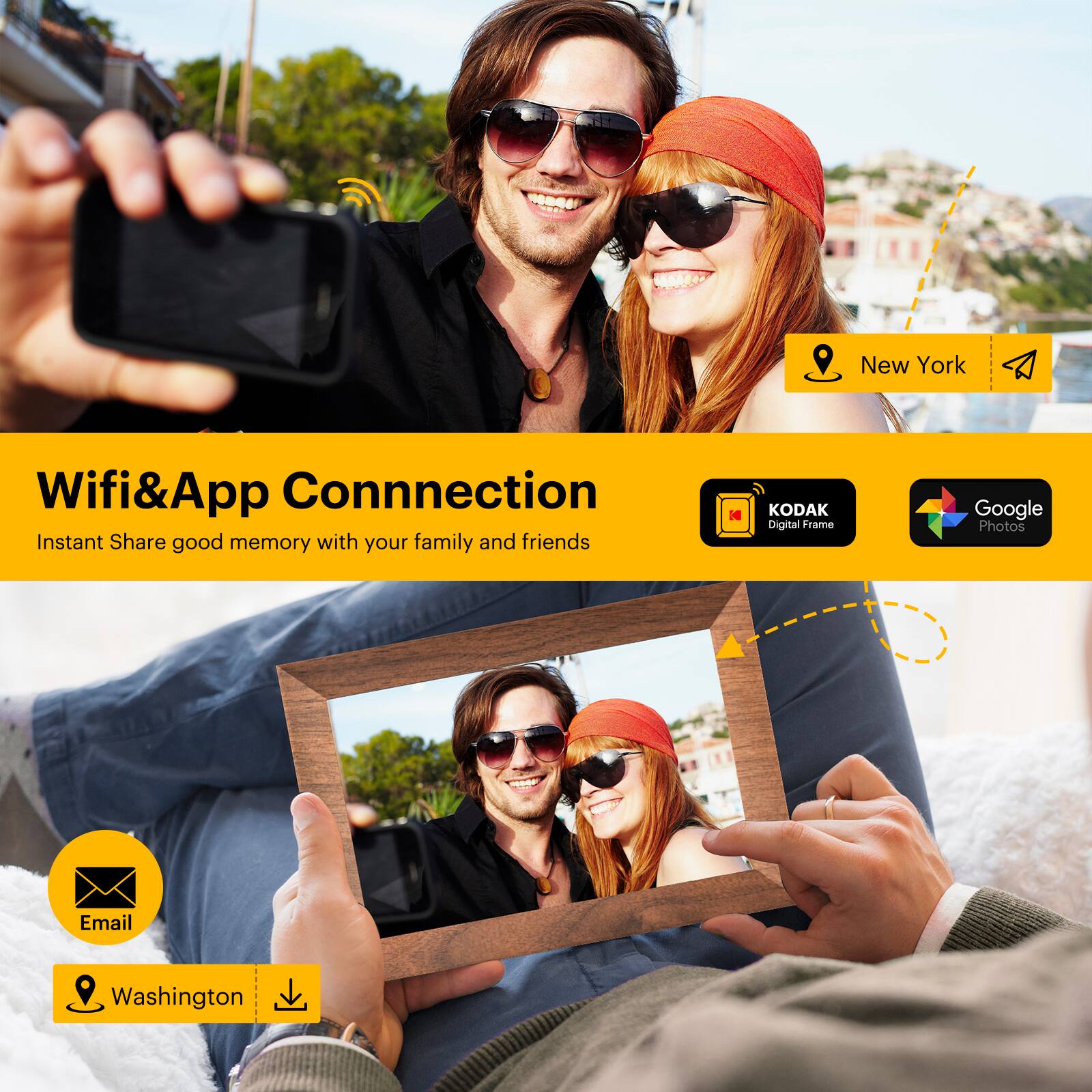 Wifi & App Connection  
Instant Share good memory with your family and friends  

New York  
KODAK Digital Frame  
Google Photos  
Email  
Washington