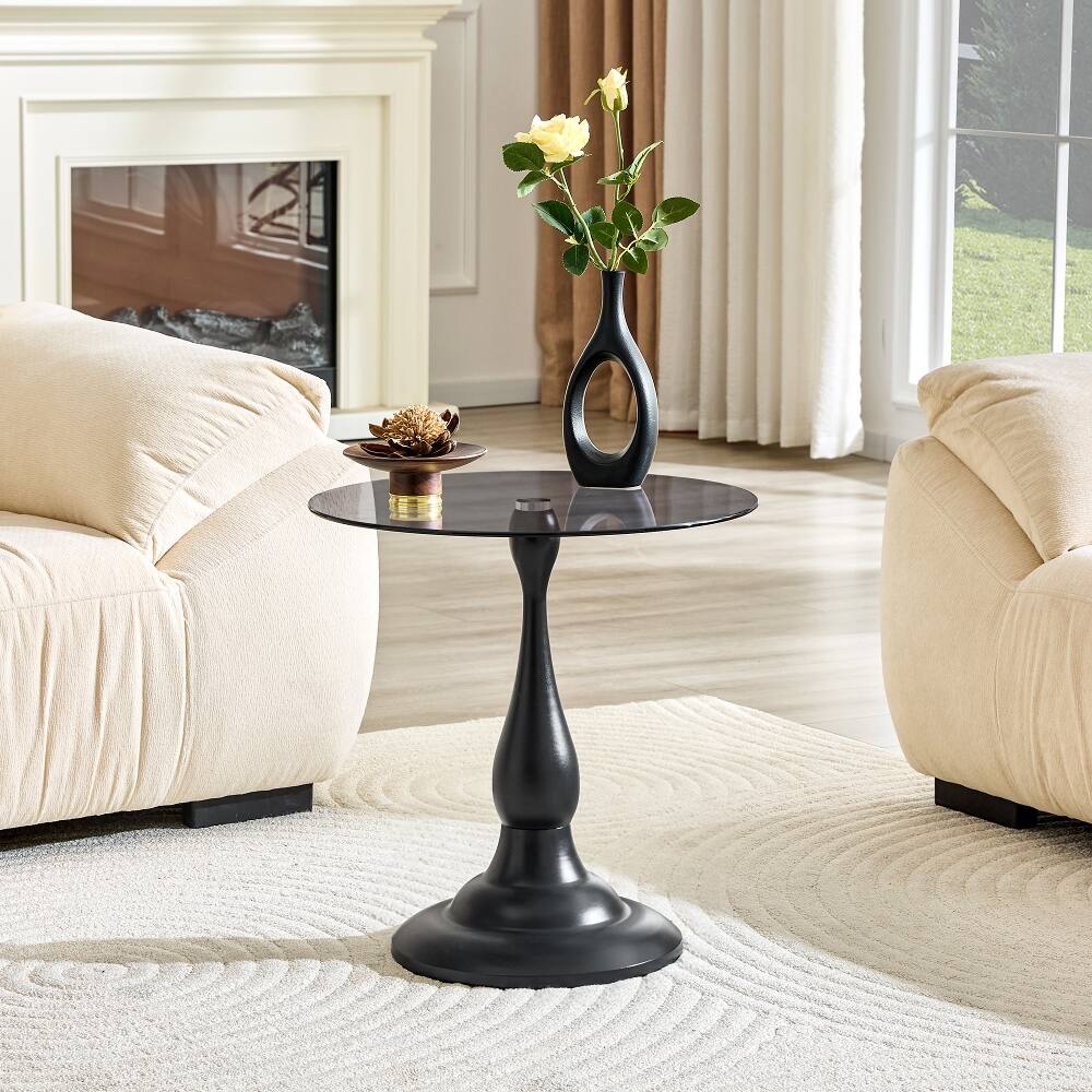 Angle. Loheer - Loheer Small Metal Side Table Vintage Round Glass Top Matte Black End Table - Matte Black.