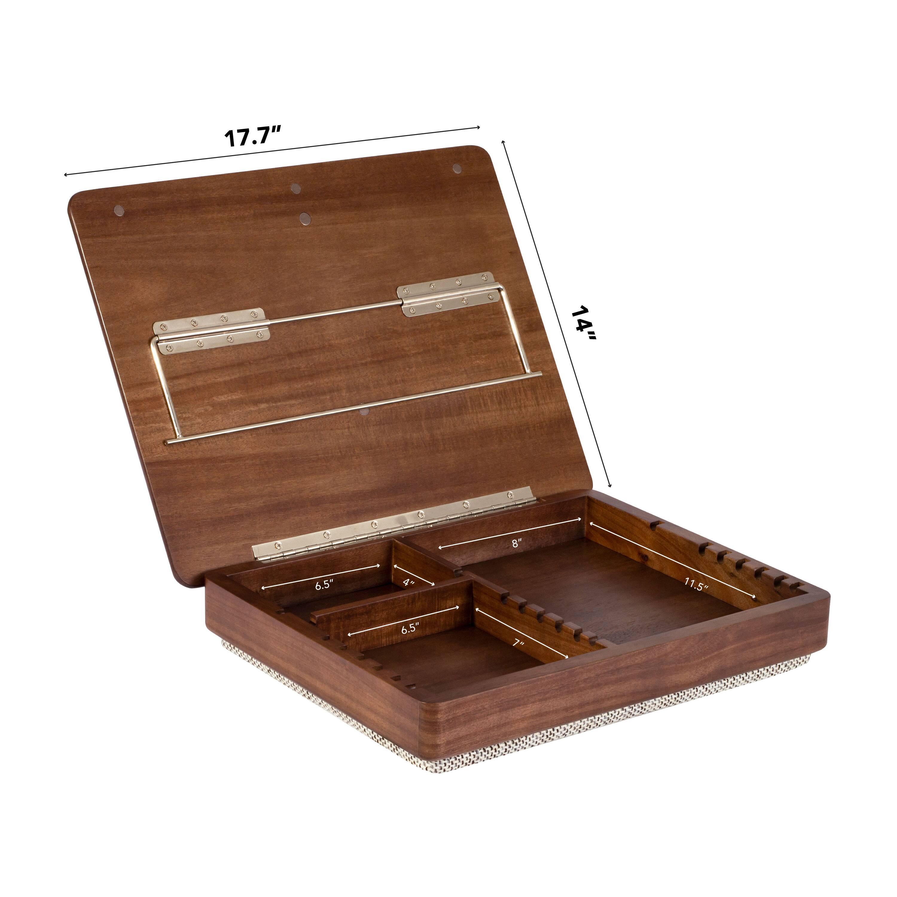 The text on the image reads: "17.7" a 14" a 0 6.5 d 6.5" a 8 11.5". This text is describing the dimensions of a wooden box. The box is 17.7 inches in length, 14 inches in width, and 6.5 inches in depth. The box also has a 6.5-inch drawer and is 8 inches tall.