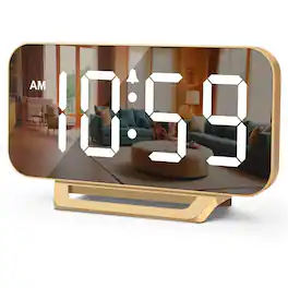 Dazzed Corner - Digital Mirror Alarm Clock,Plug in LED Modern Clock, Battery Backup - Gold