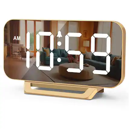 Front. Dazzed Corner - Digital Mirror Alarm Clock,Plug in LED Modern Clock, Battery Backup - Gold.