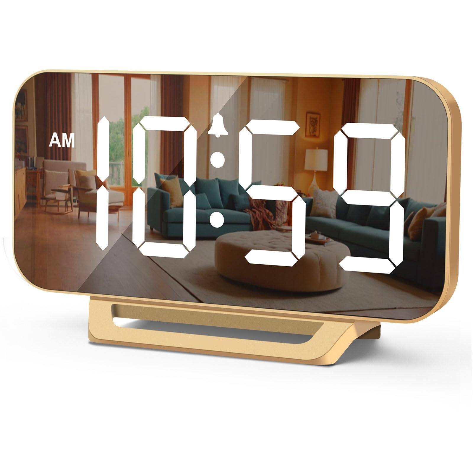 Front. Dazzed Corner - Digital Mirror Alarm Clock,Plug in LED Modern Clock, Battery Backup - Gold.