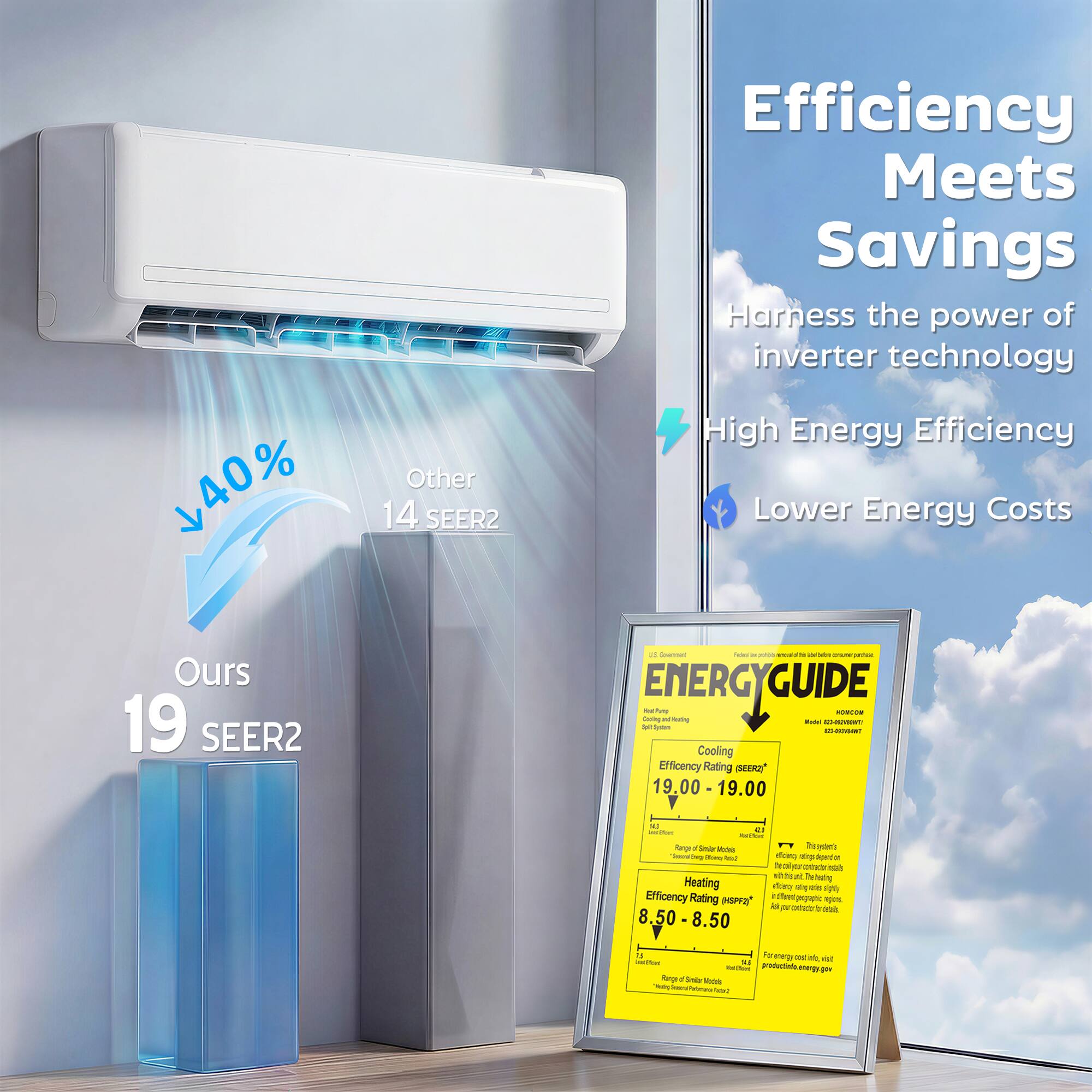 40% Other 14 SEER2  
Efficiency Meets Savings  
Harness the power of inverter technology  
High Energy Efficiency  
Lower Energy Costs  
Ours 19 SEER2  

ENERGY GUIDE  
Cooling Efficiency Rating SEER2 19.00 - 19.00  
Heating Efficiency Rating EER2 8.50 - 8.50