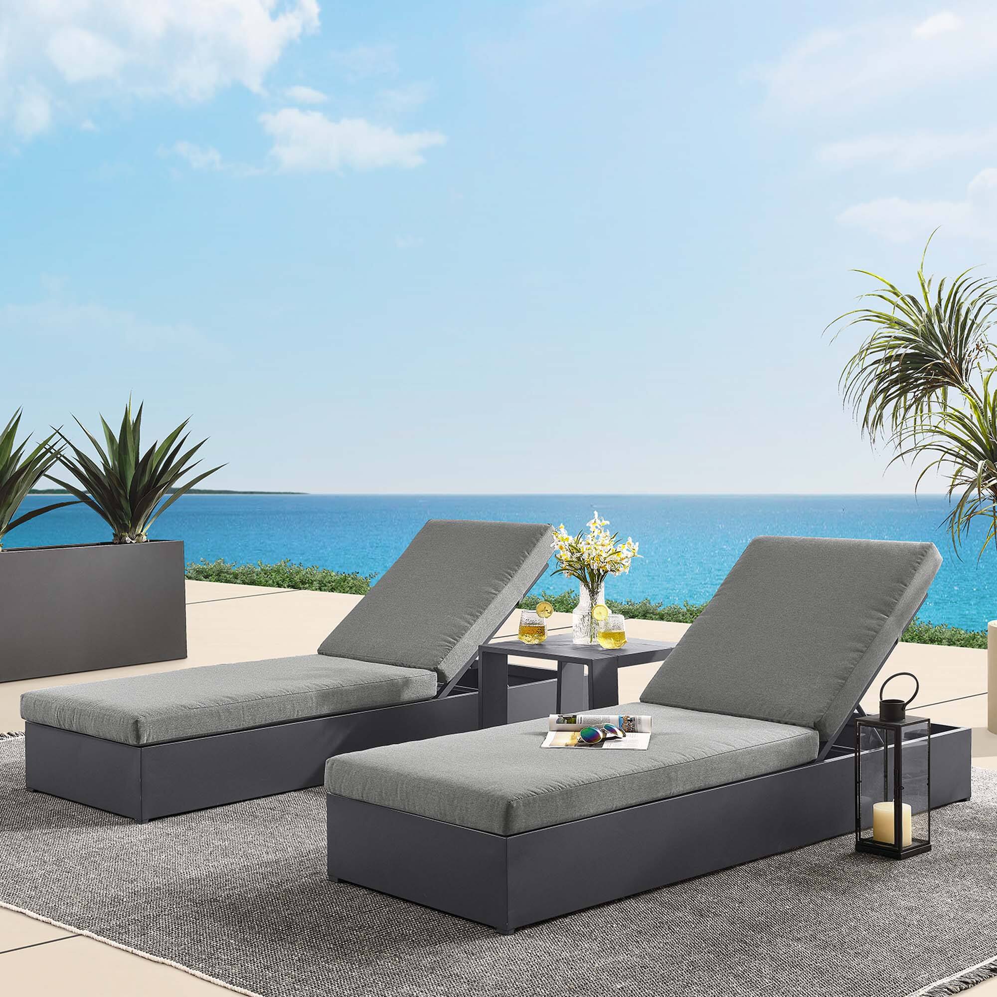 Alt View 2. Modway - Tahoe 3-Piece Outdoor Powder-Coated Aluminum Chaise Lounge Set - 2 Reclining Chaise Chairs and Slatted Side Table - Gray Charcoal.