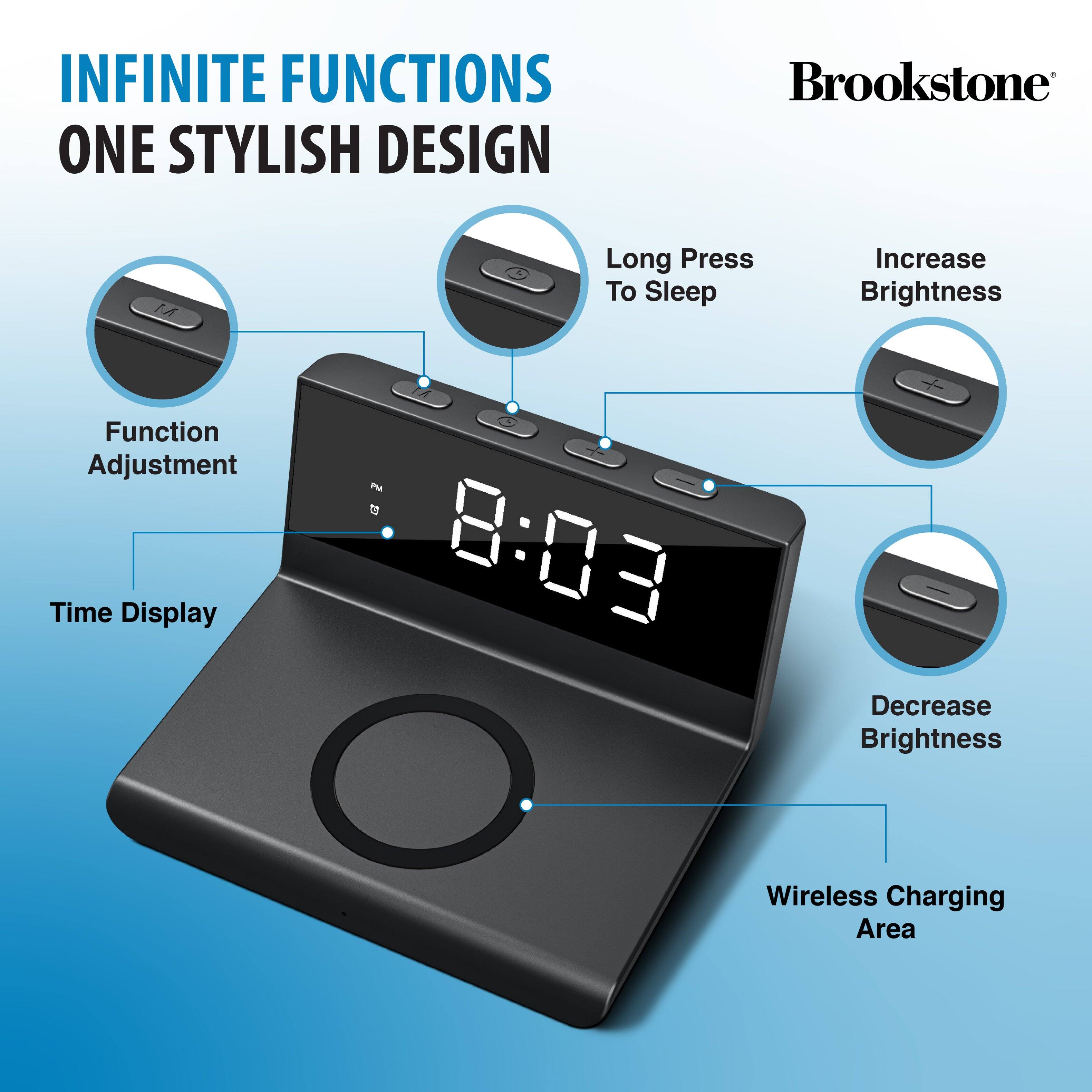 INFINITE FUNCTIONS ONE STYLISH DESIGN Brookstone Time Display Function Adjustment Long Press To Sleep Increase Brightness Decrease Brightness Wireless Charging Area