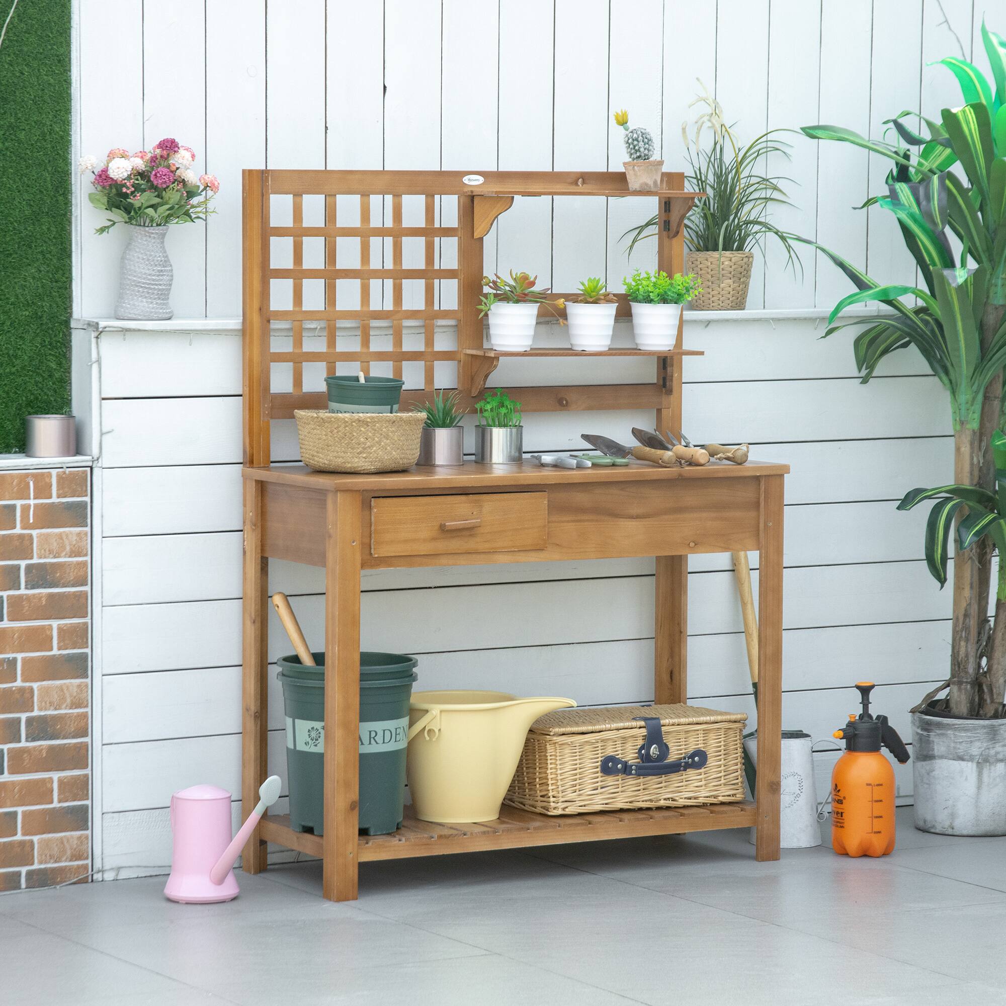 Alt View 1. Outsunny - Potting Bench Table, Garden Work Bench, Outdoor Wooden Workstation with Tiers of Shelves and Drawer for Patio - Brown.